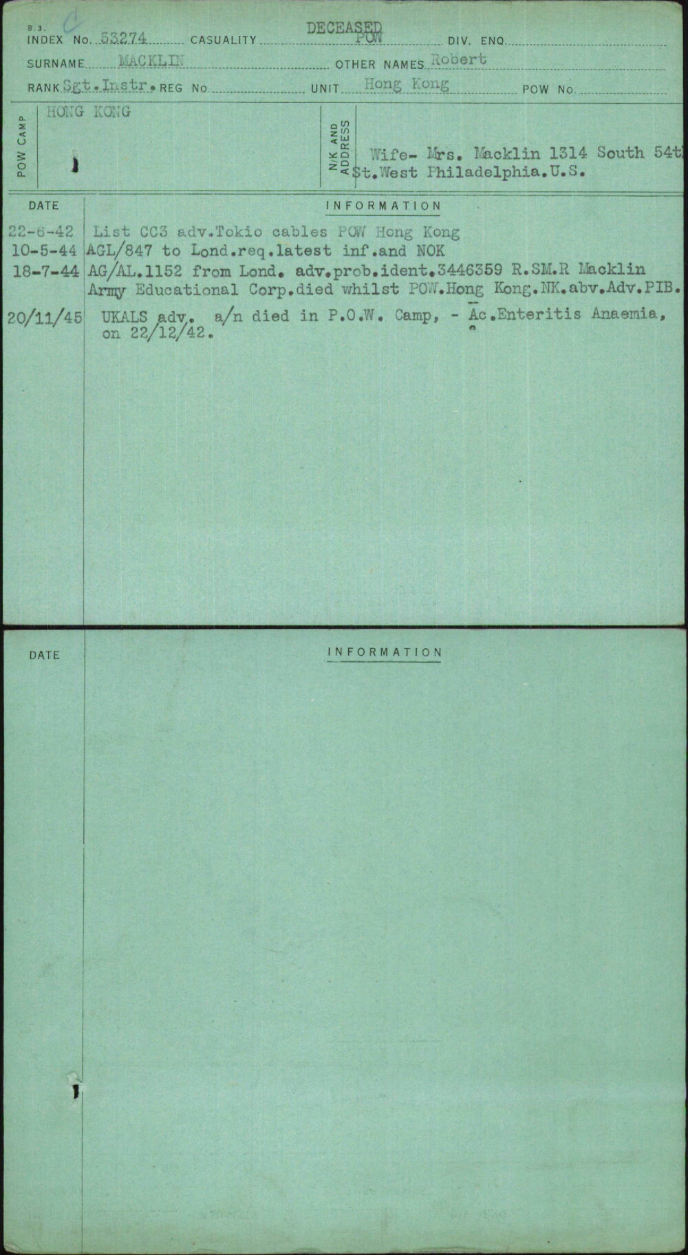 Macklin, Robert, [No Service Number]