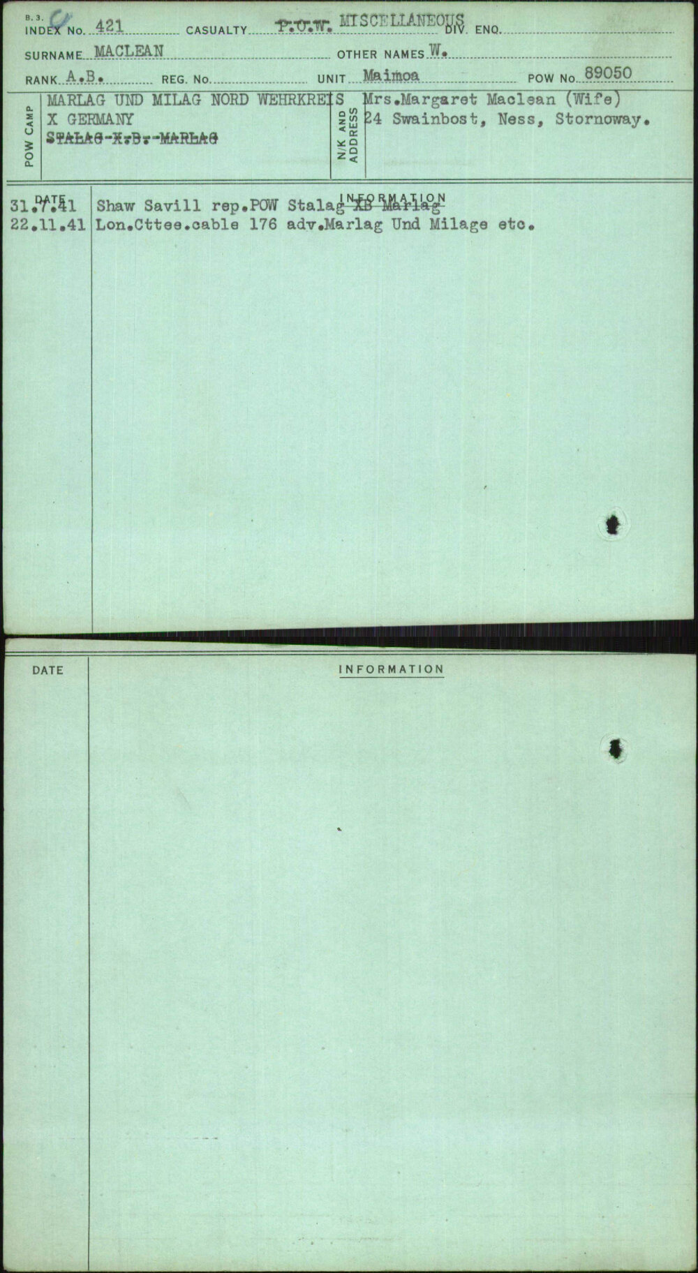 Maclean, W, [No Service Number]