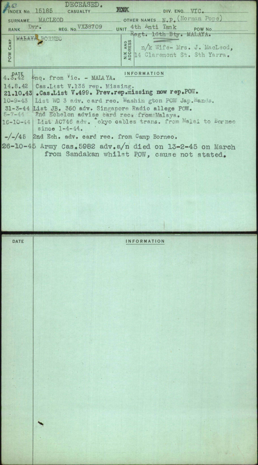 Macleod, N P (Norman Pope), VX38709