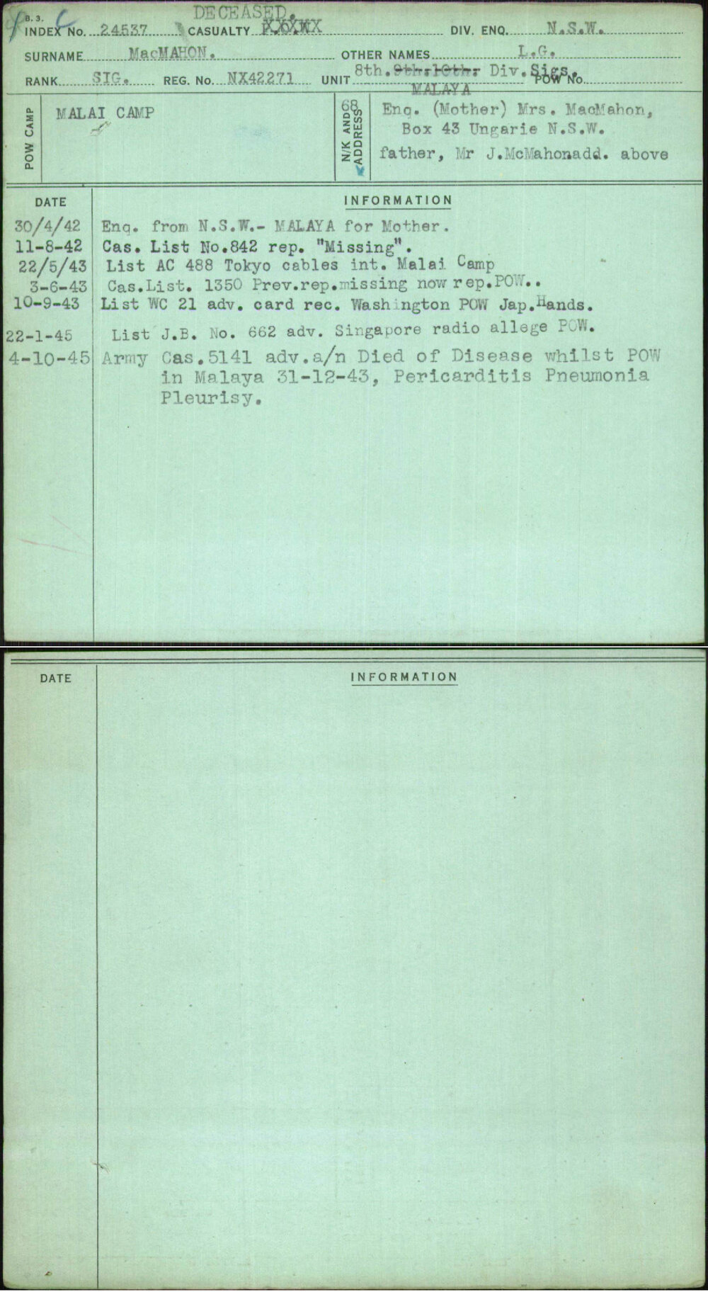 Macmahon, L G, NX42271