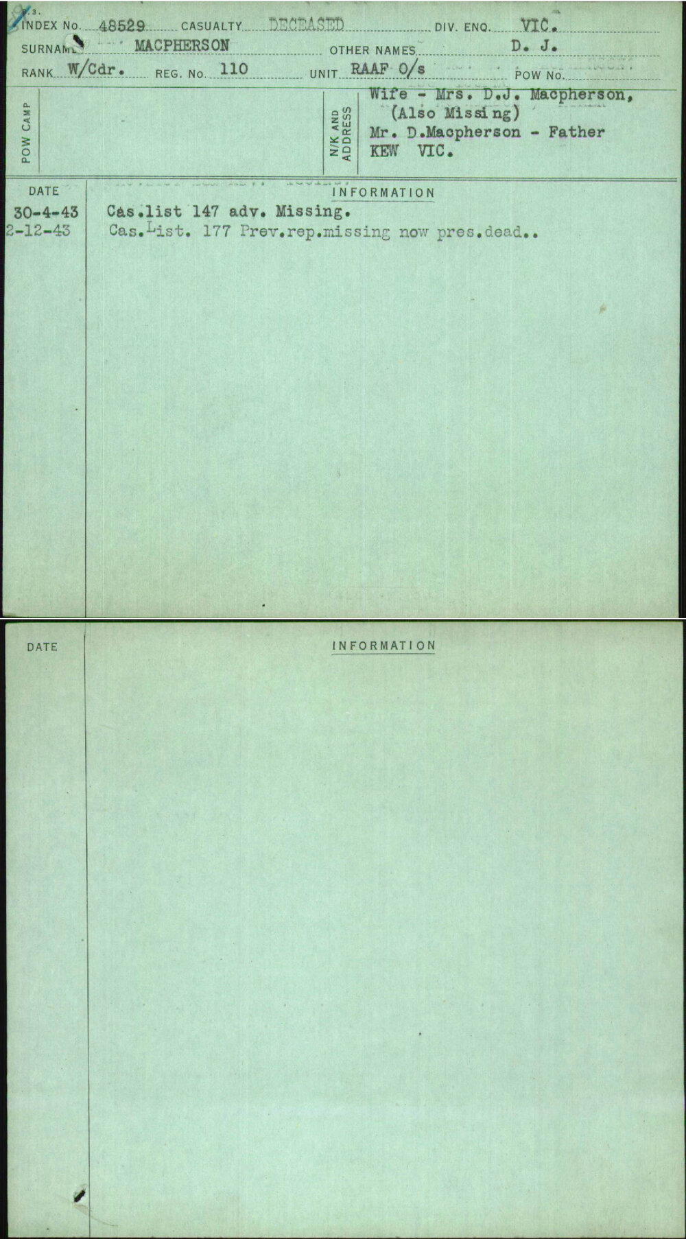 Macpherson, D J, 110