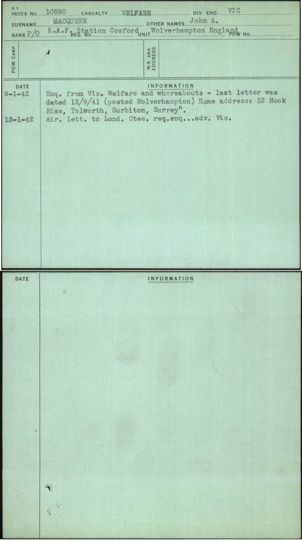 Macqueen, John A, [No Service Number]