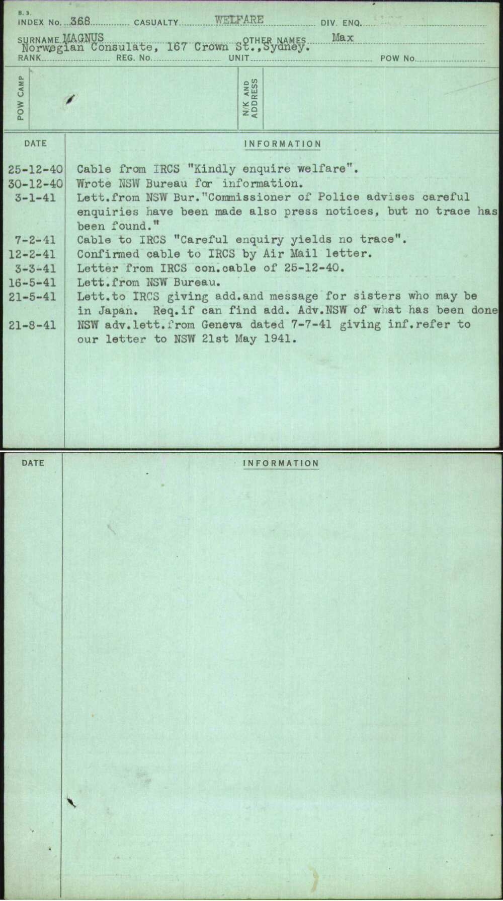 Magnus, Max, [No Service Number]