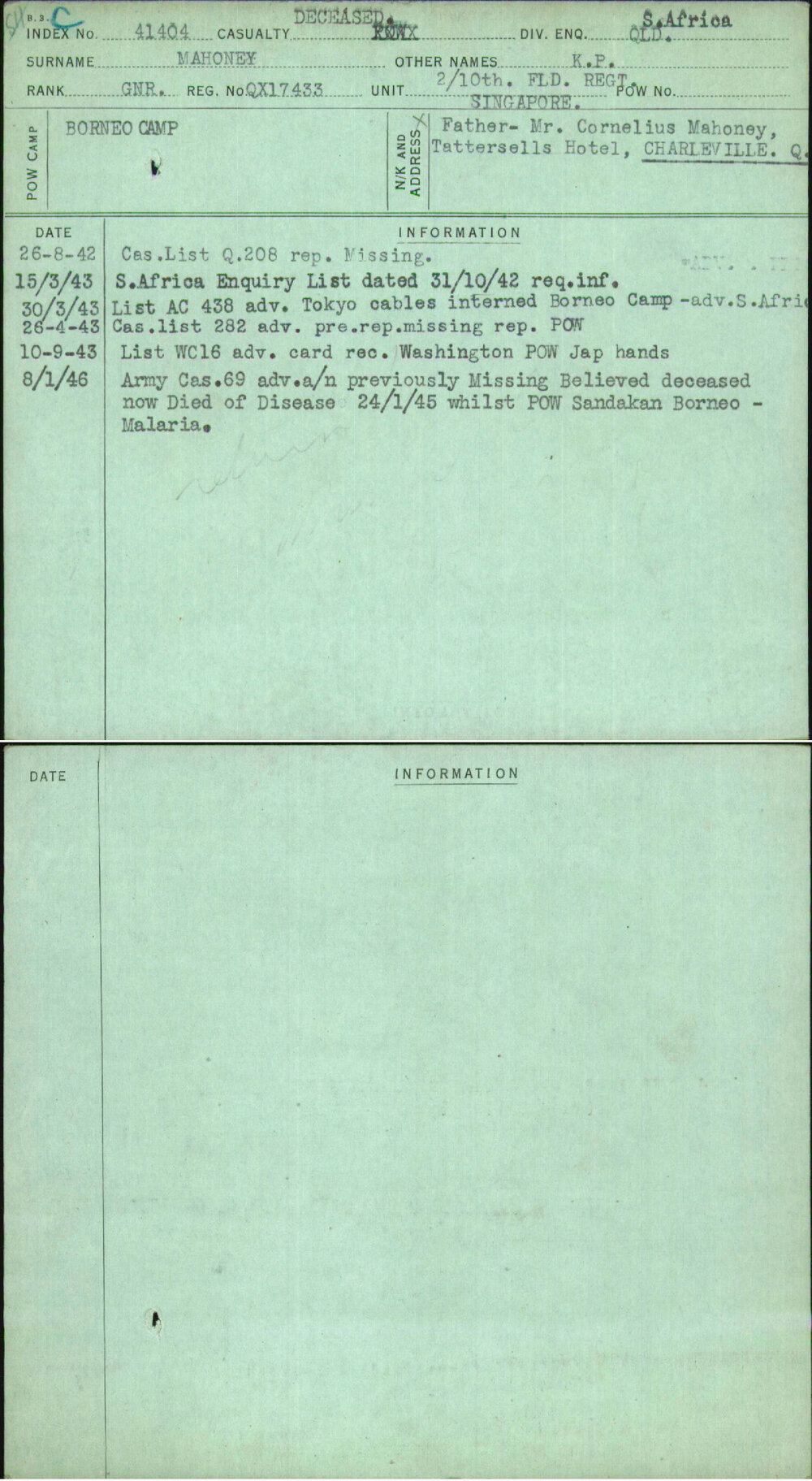 Mahoney, K P, QX17433