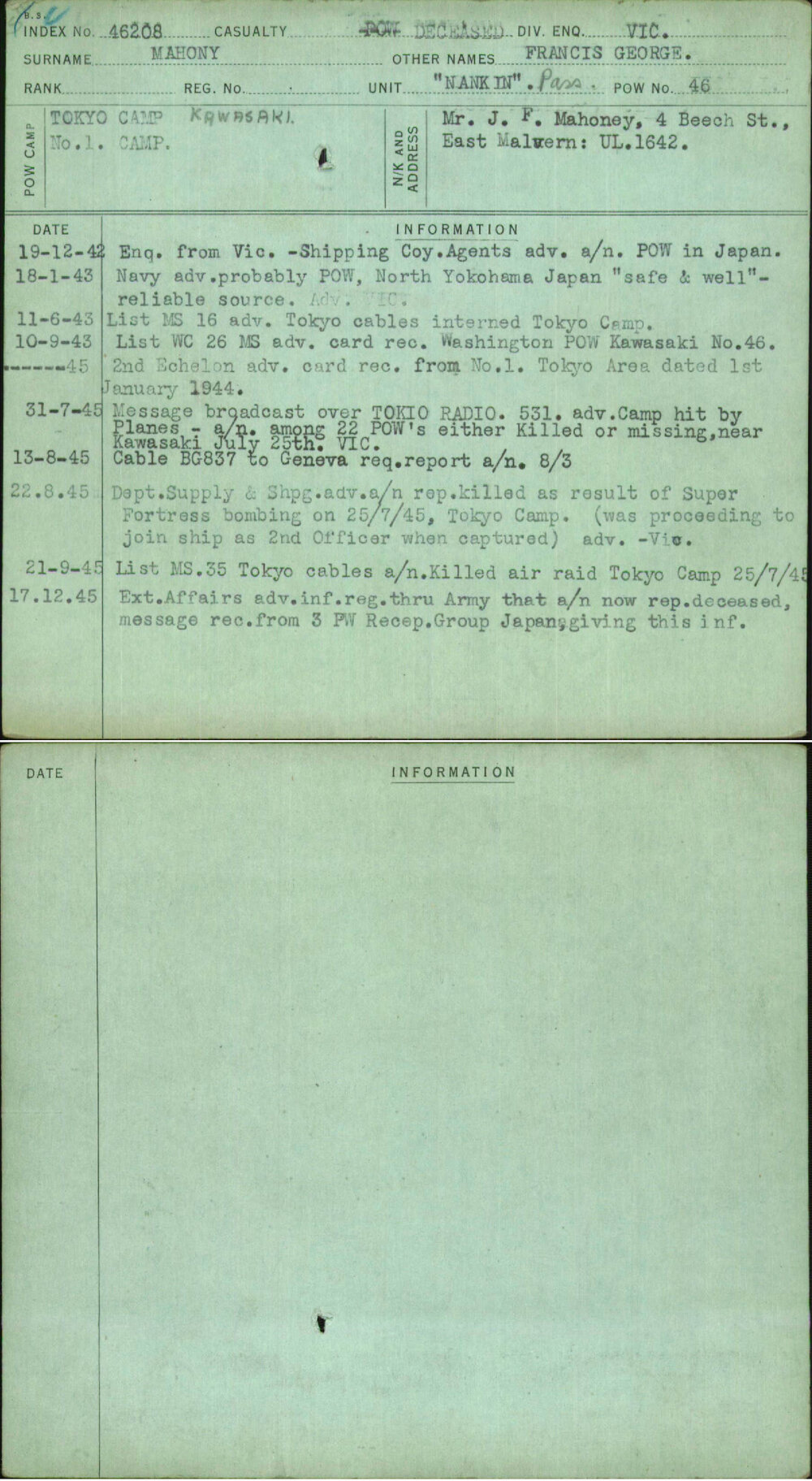 Mahony, Francis George, [No Service Number]