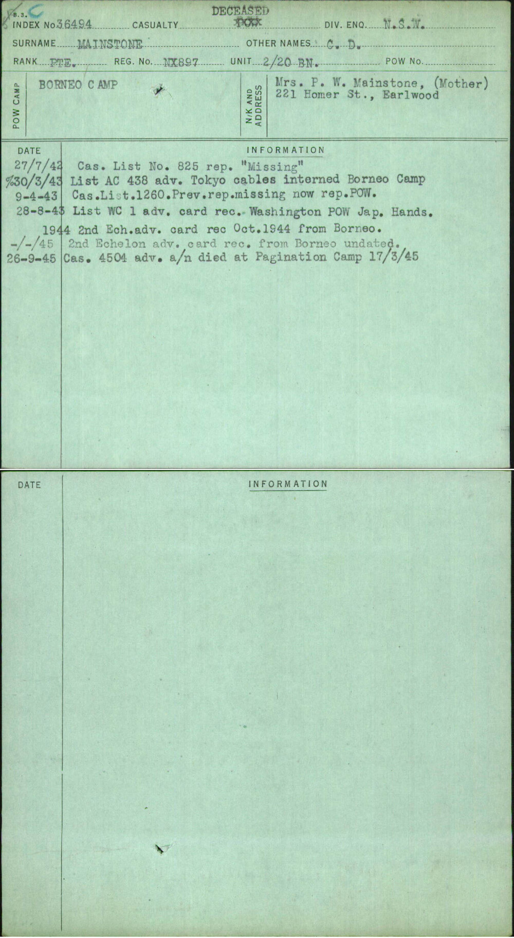 Mainstone, C D, NX897