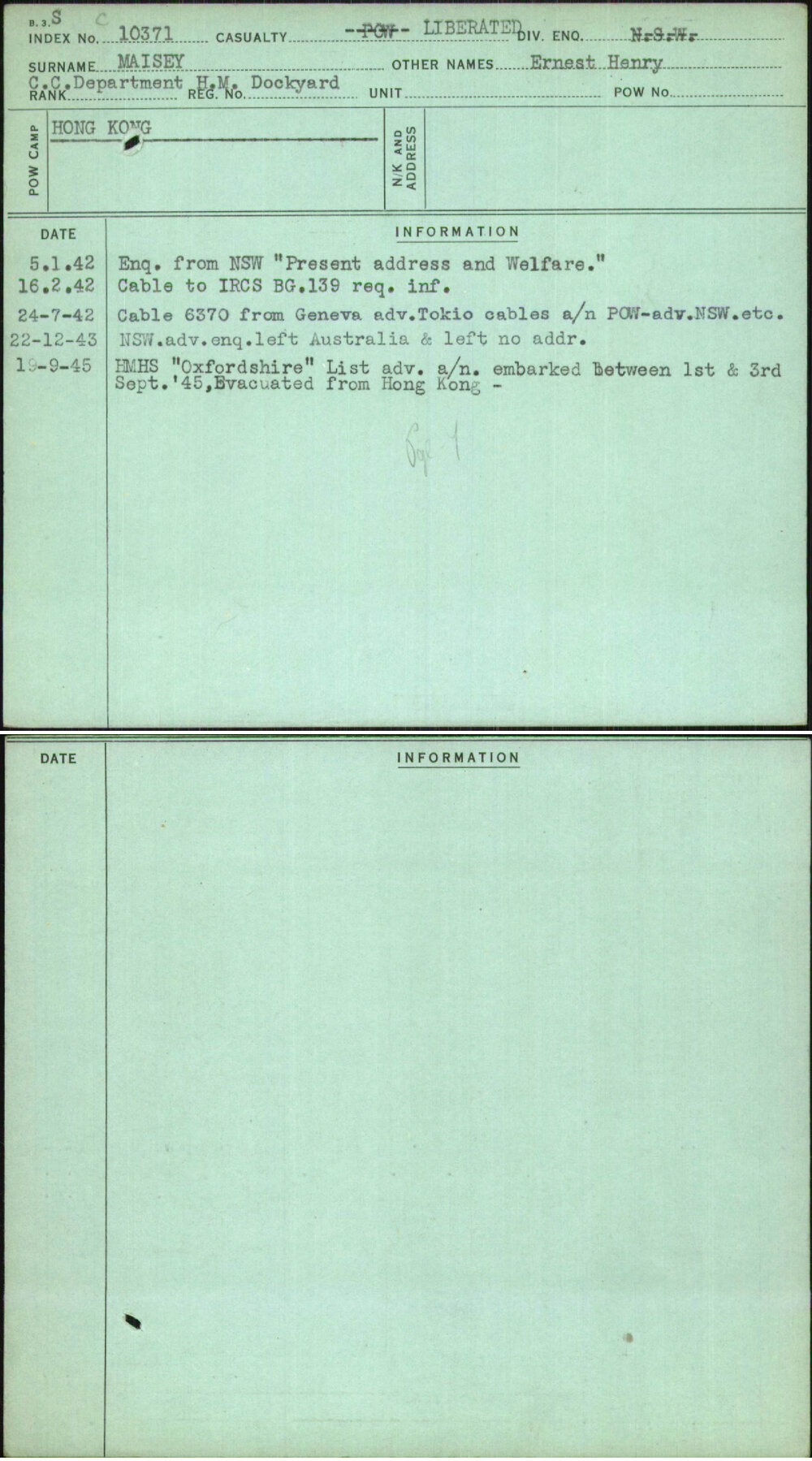 Maisey, Ernest Henry, [No Service Number]