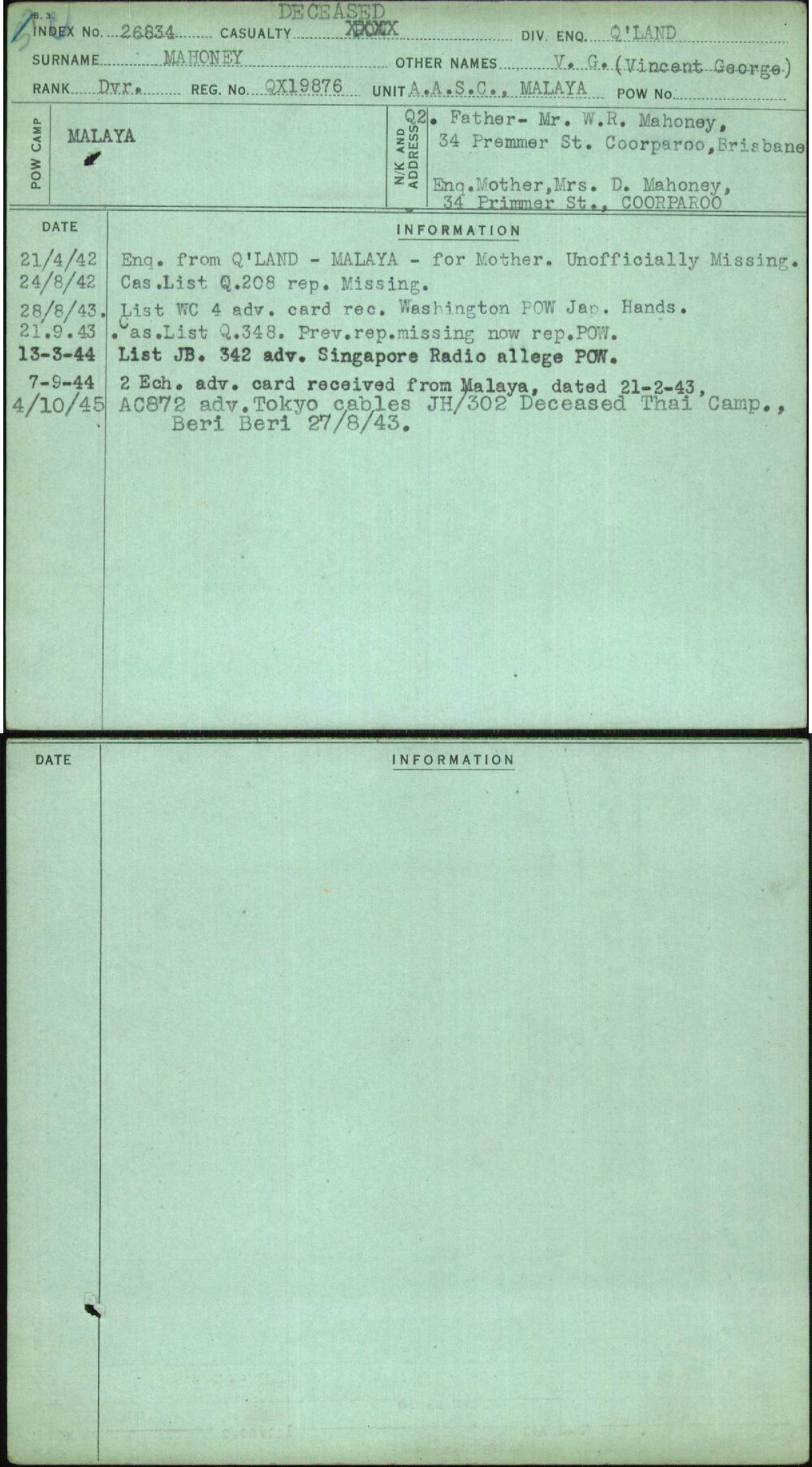 Mahoney, V G (Vincent George), QX19876