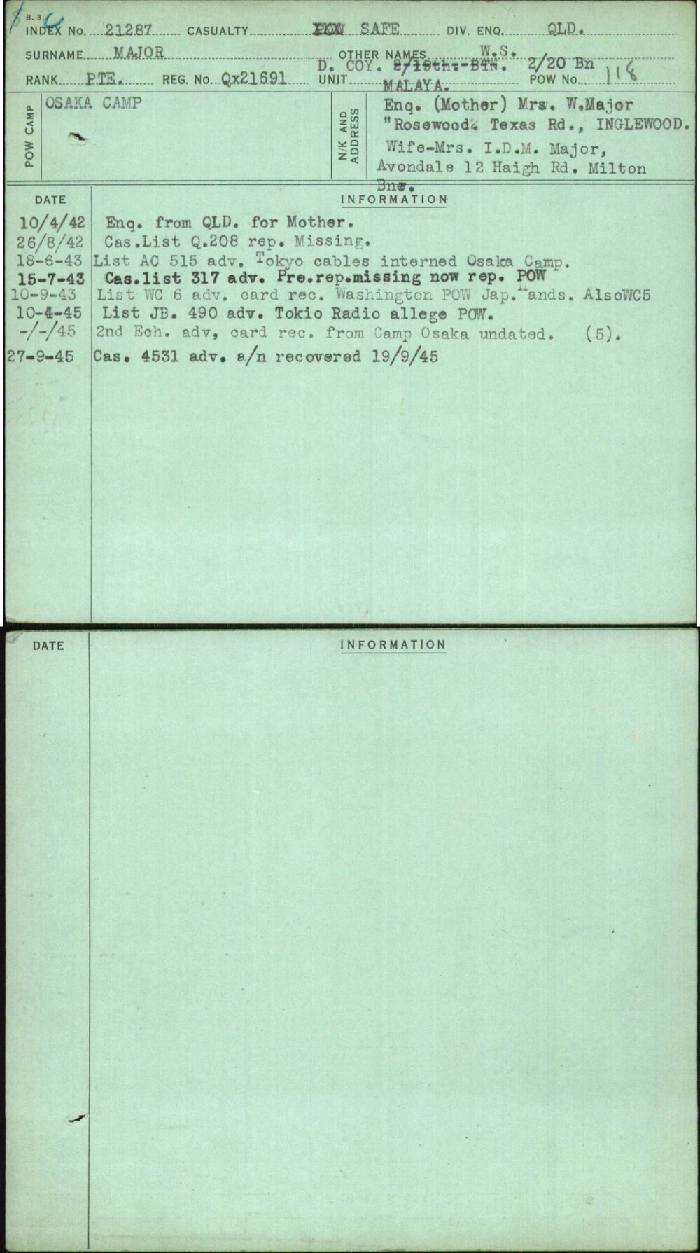 Major, W S, QX21691