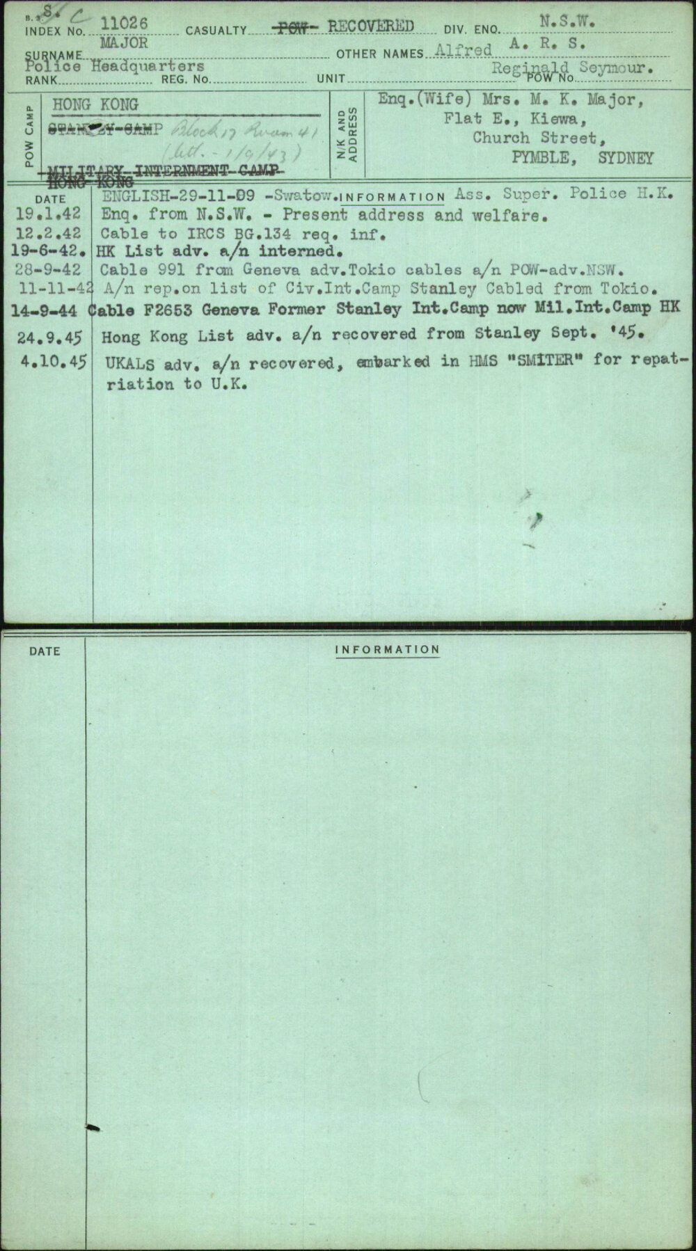 Major, Alfred A R S, [No Service Number]