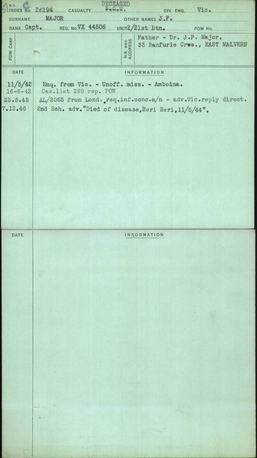 Major, J F, VX44506