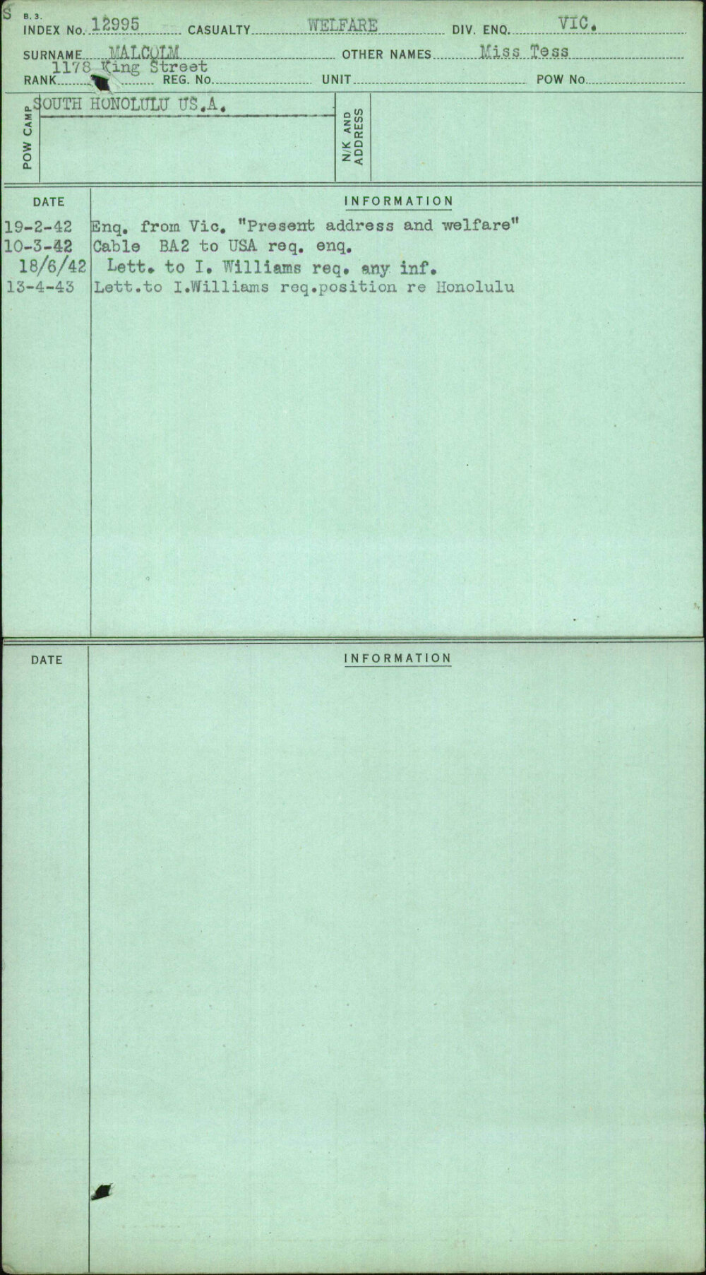 Malcolm, Miss Tess, [No Service Number]