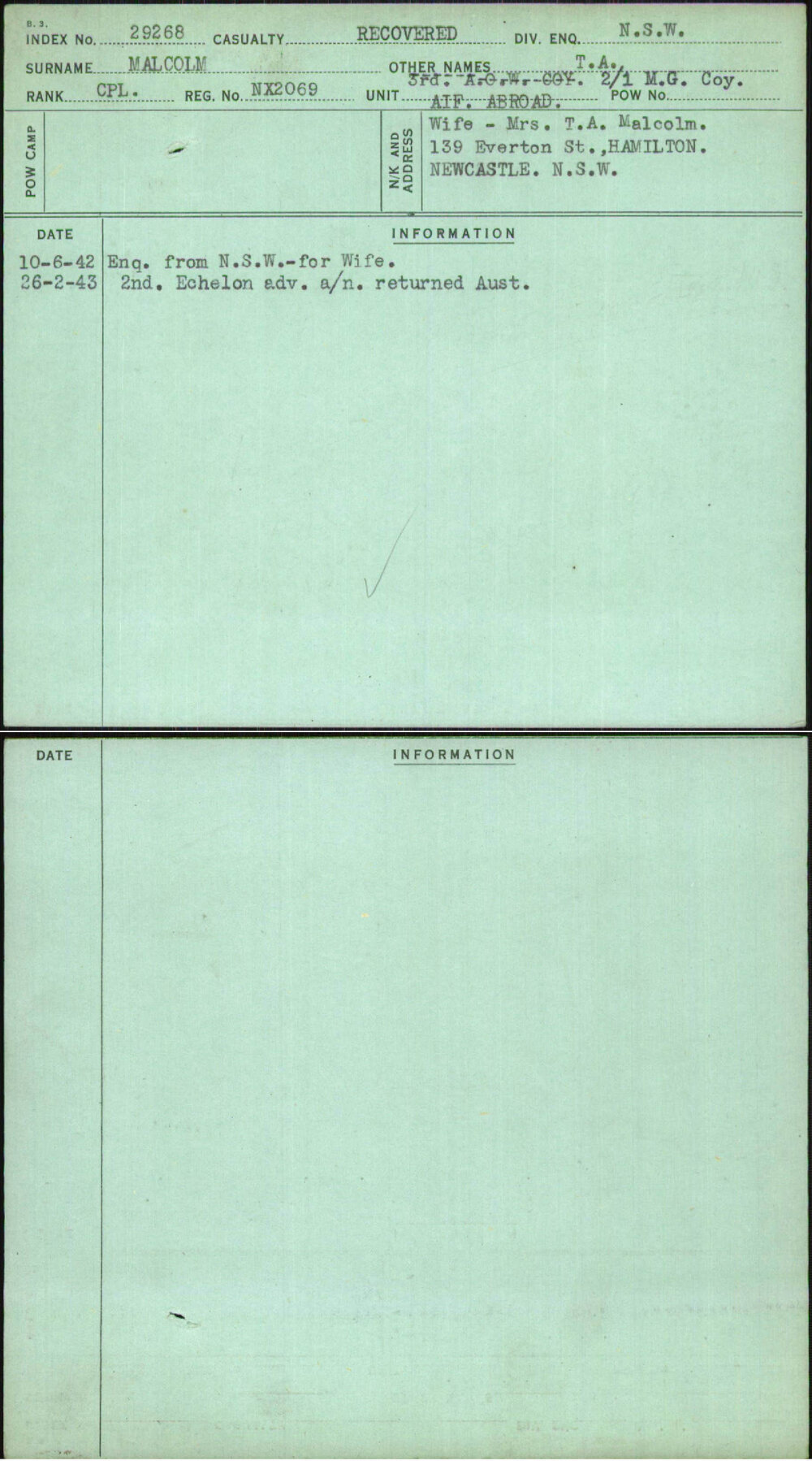 Malcolm, T A, NX2069