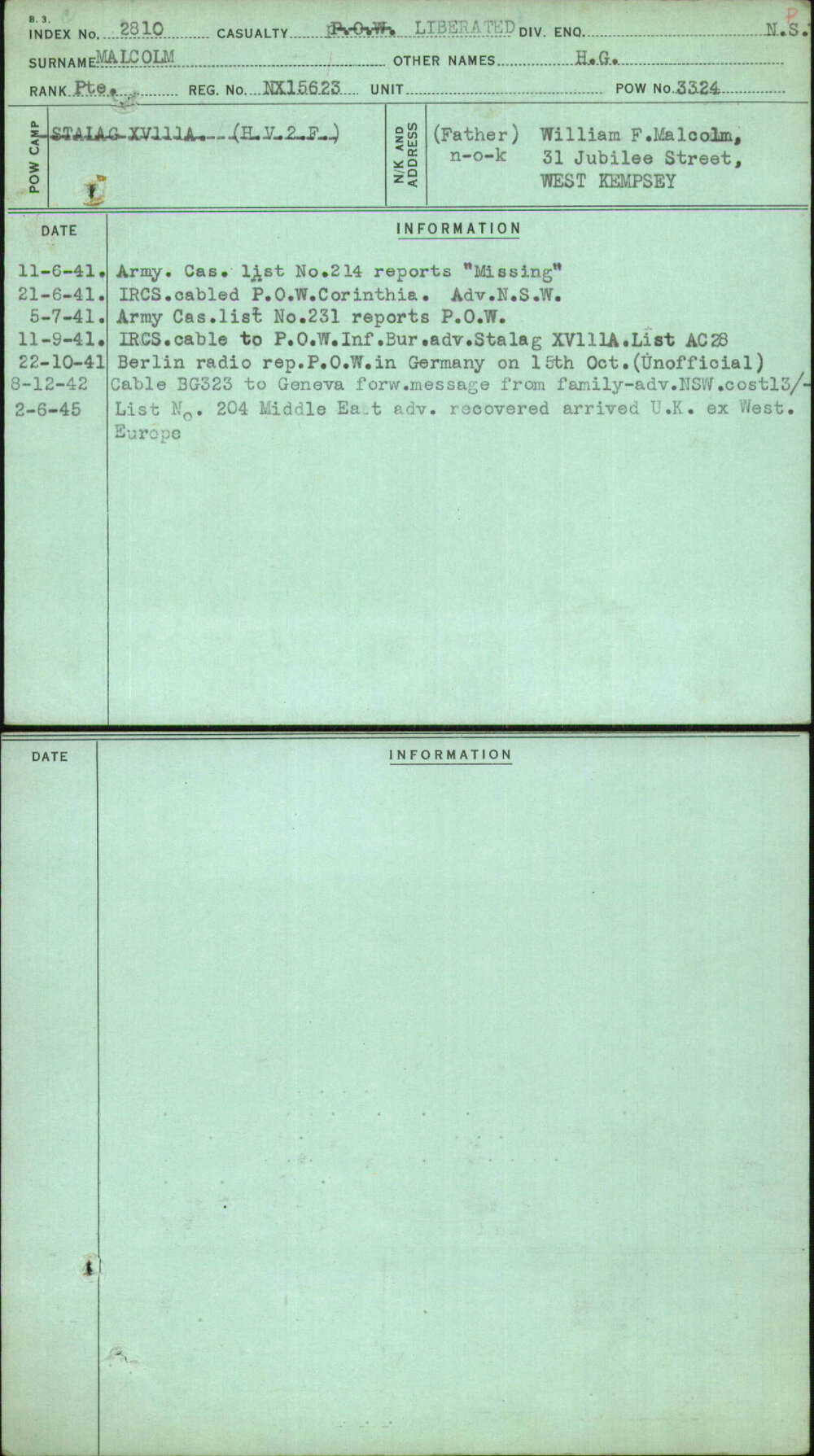 Malcolm, H G, NX15623