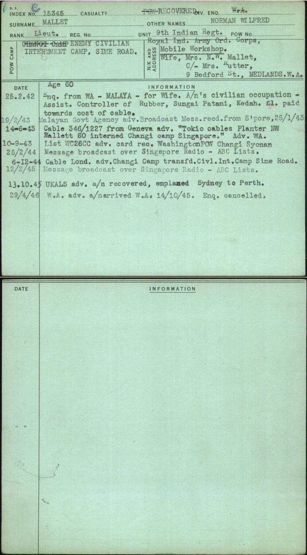 Mallet, Norman Wilfred, [No Service Number]