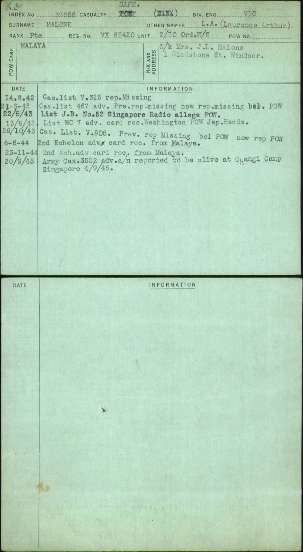 Malone, L A (Laurence Arthur), VX61420