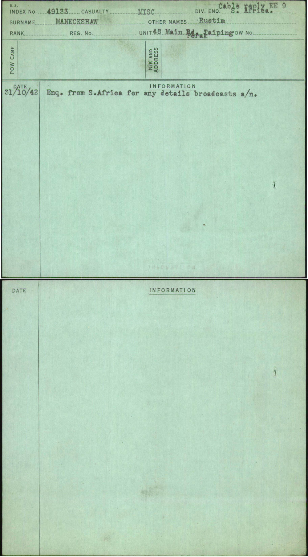 Maneckshaw, Rustim, [No Service Number]