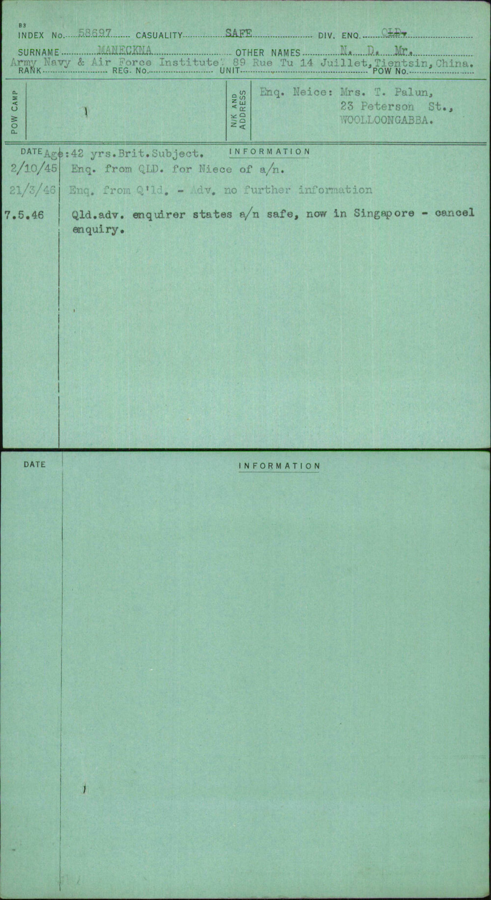 Maneckna, N D Mr, [No Service Number]