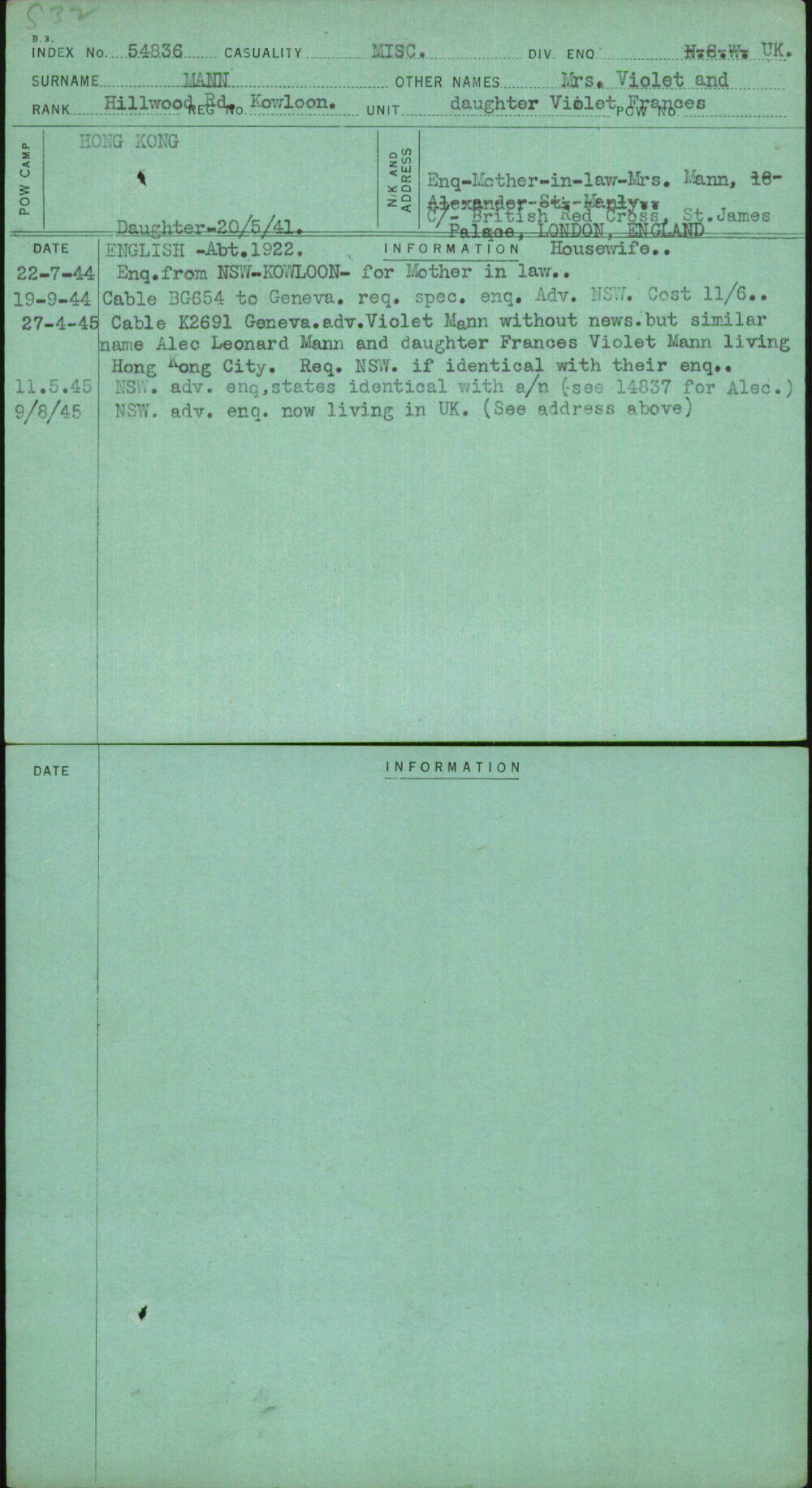 Mann, Mrs Violet And Daughter Violet Frances, Kowloon