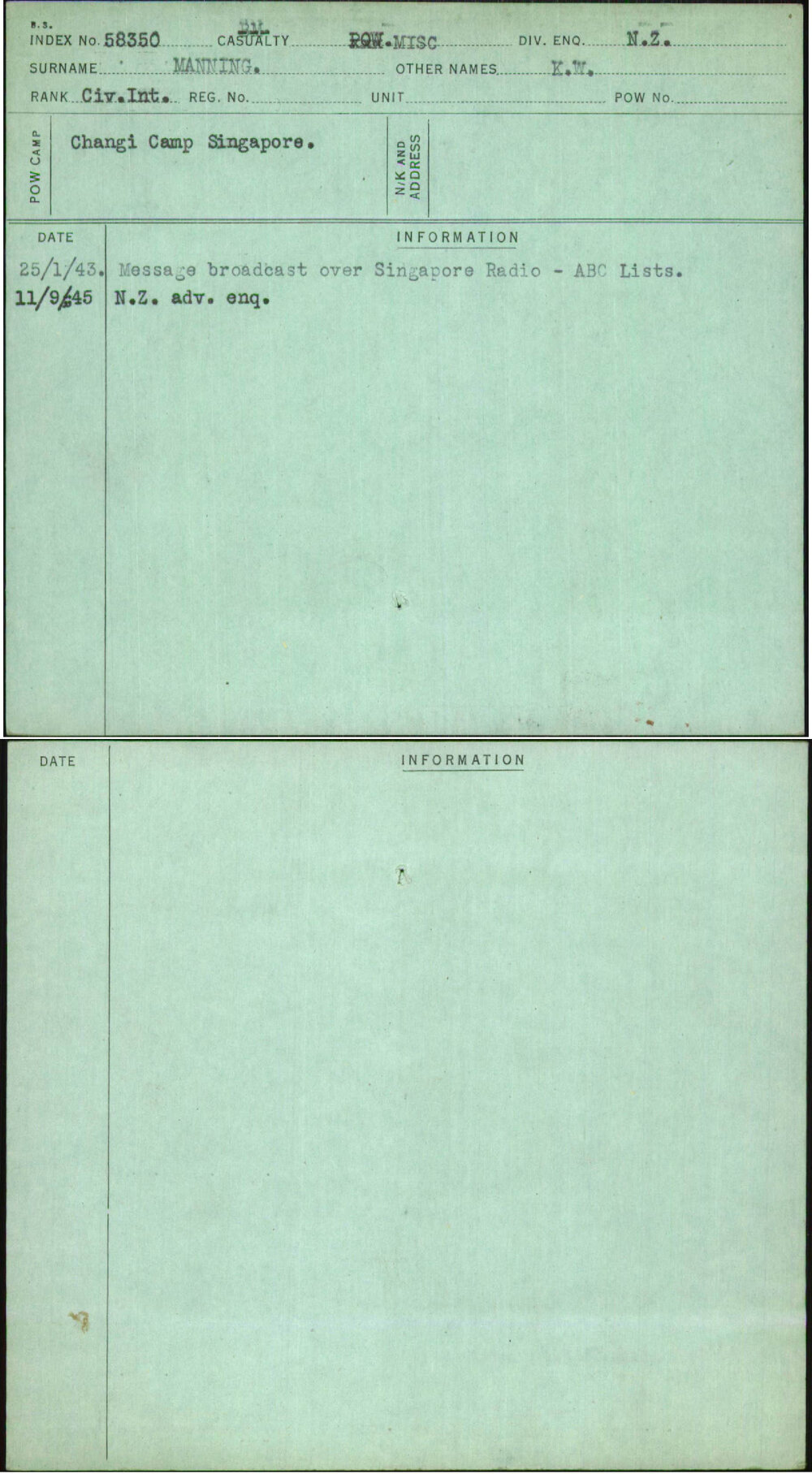 Manning, K W, [No Service Number]