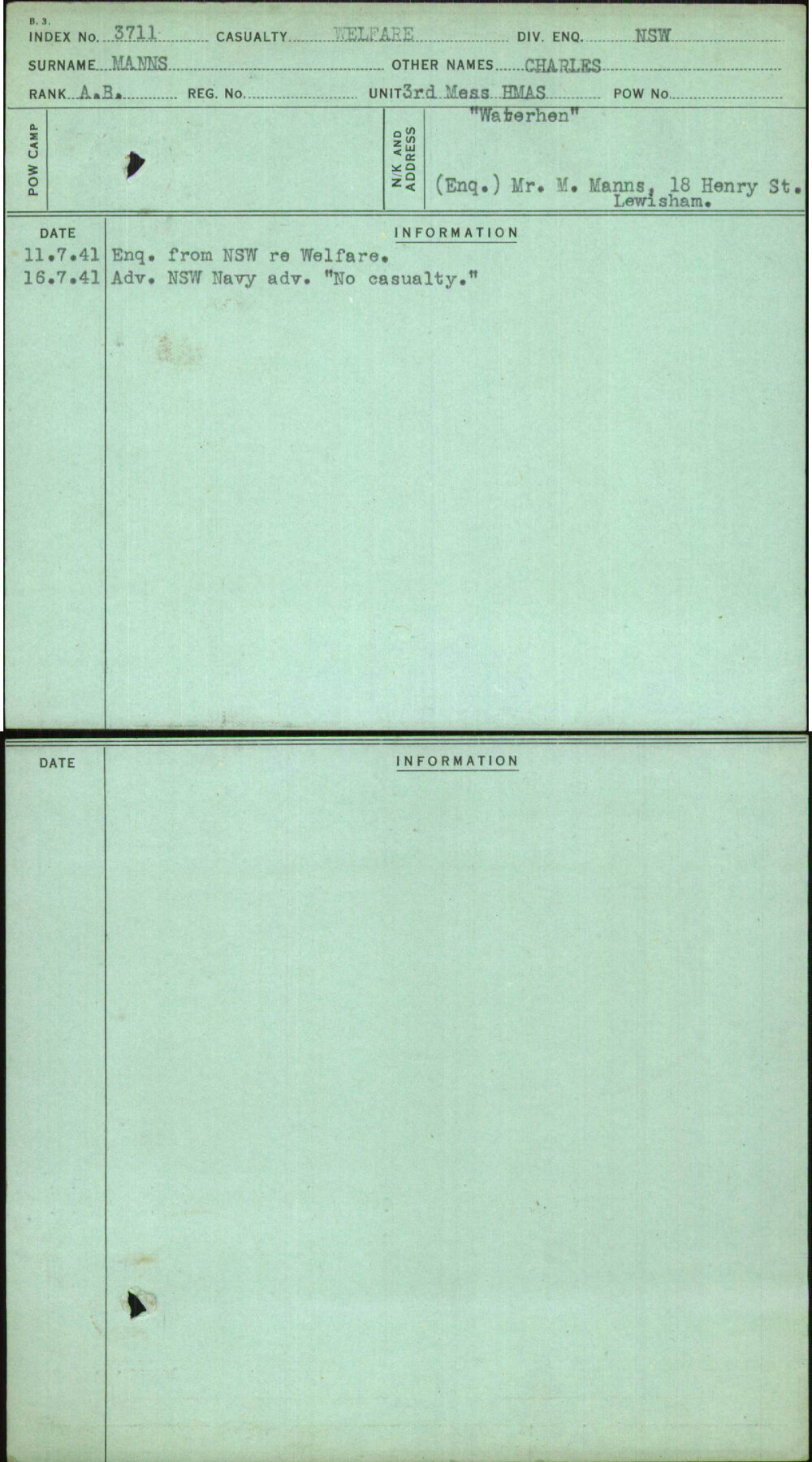 Manns, Charles, [No Service Number]