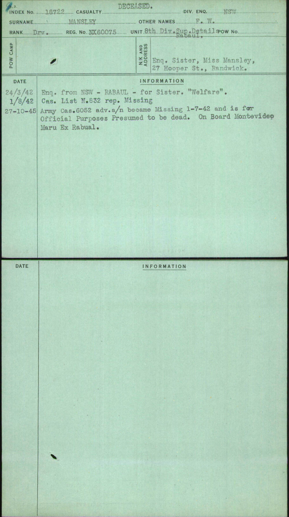 Mansley, F W, NX60075