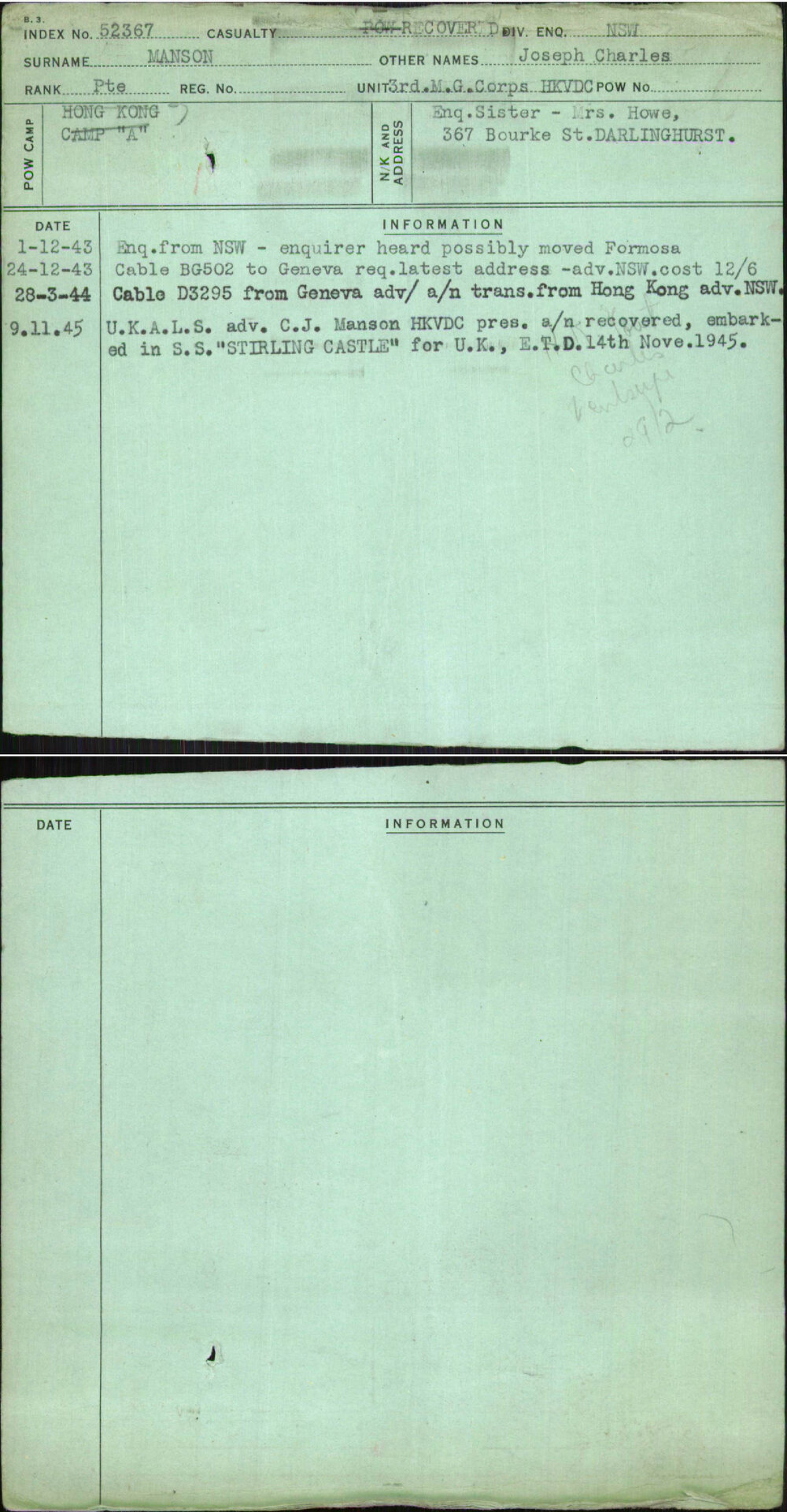 Manson, Joseph Charles, [No Service Number]