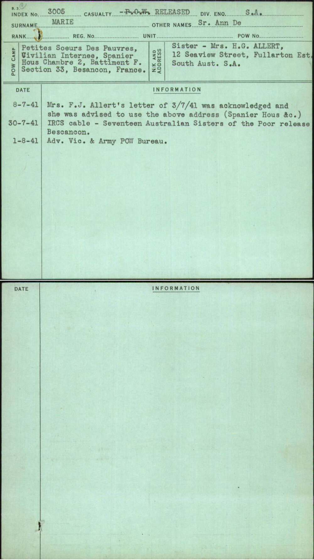 Marie, Sr Ann De, [No Service Number]