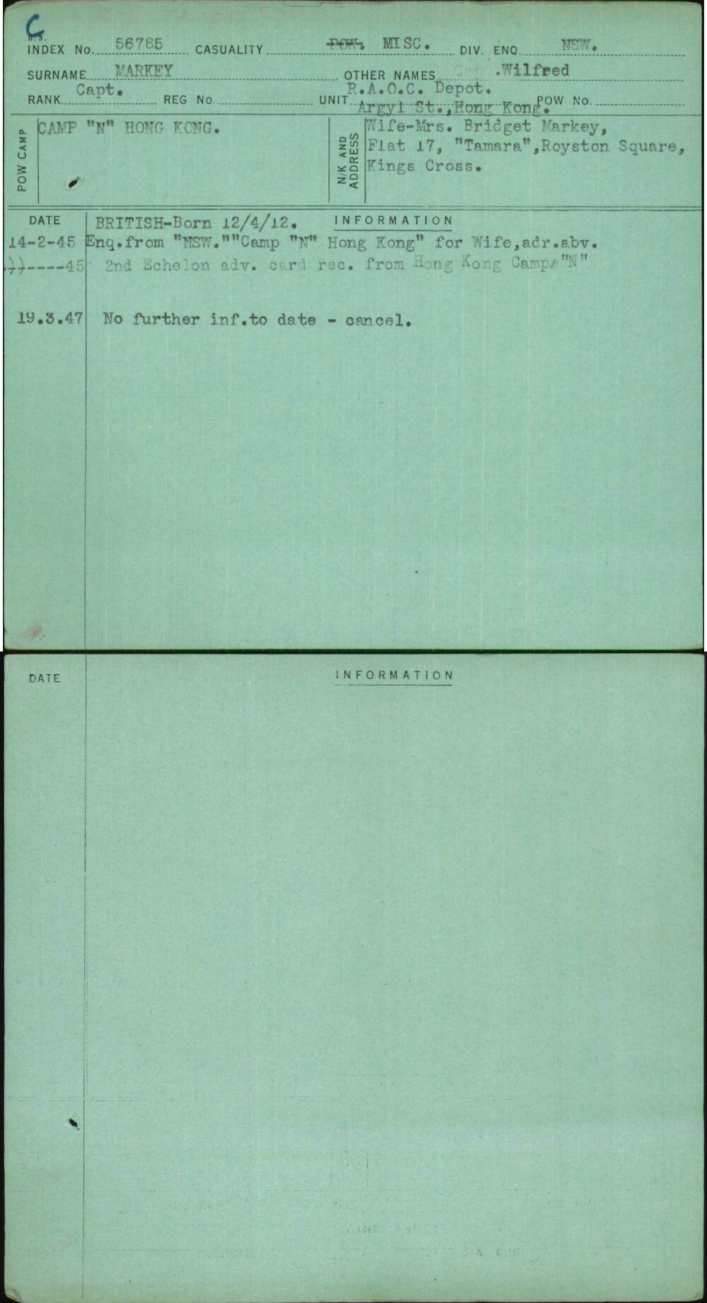 Markey, Wilfred, [No Service Number]