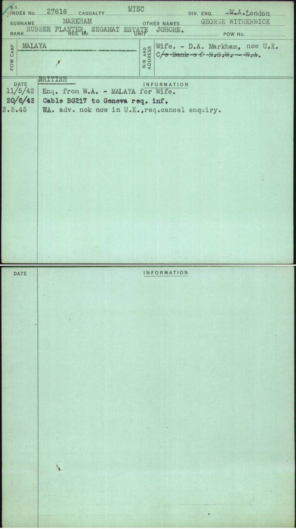 Markham, George Witherwick, [No Service Number]