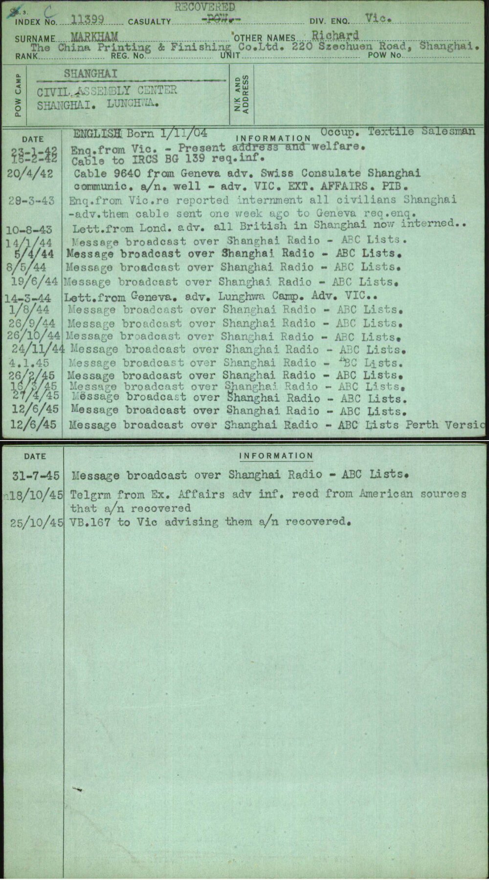 Markham, Richard, [No Service Number]