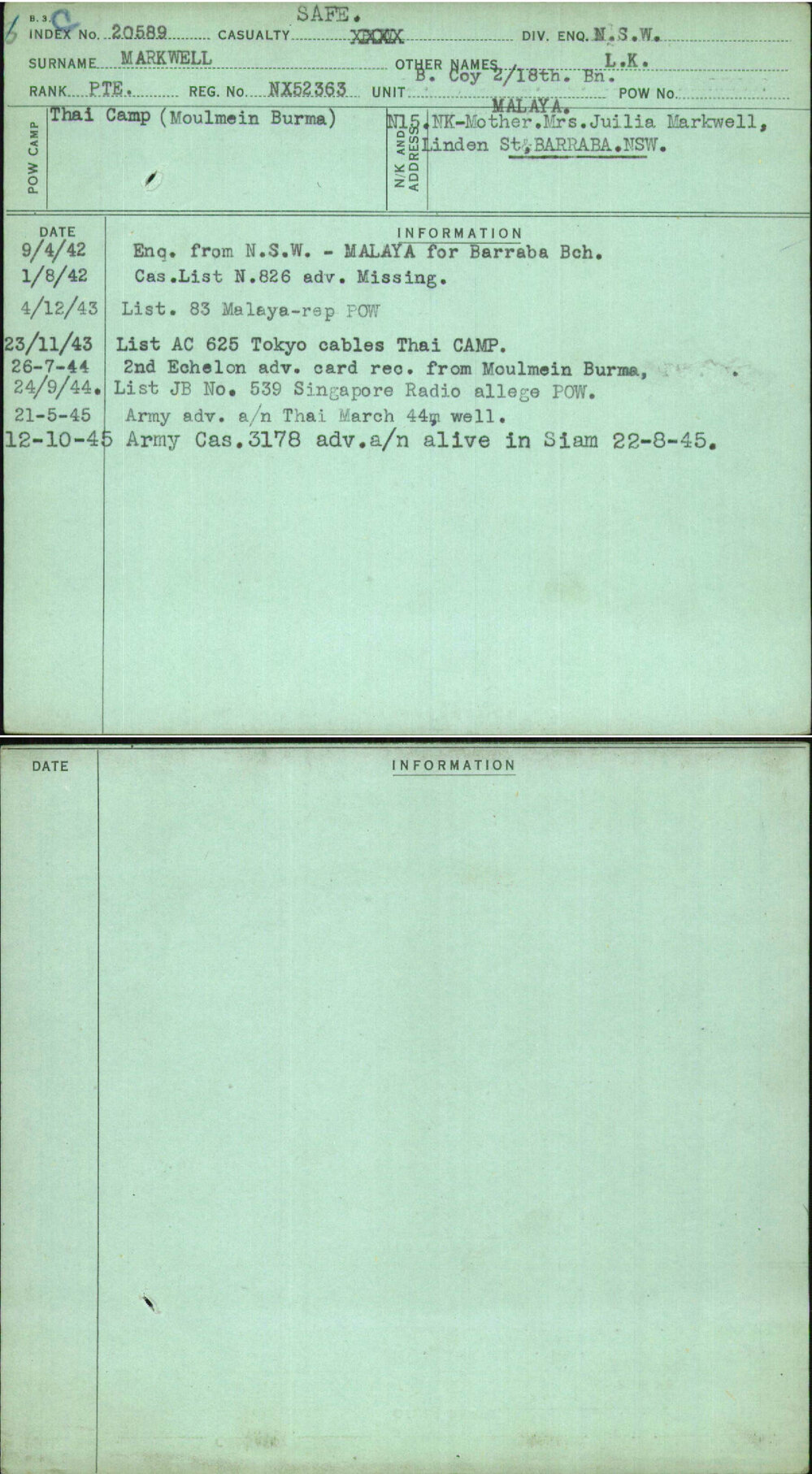 Markwell, L K, NX52363