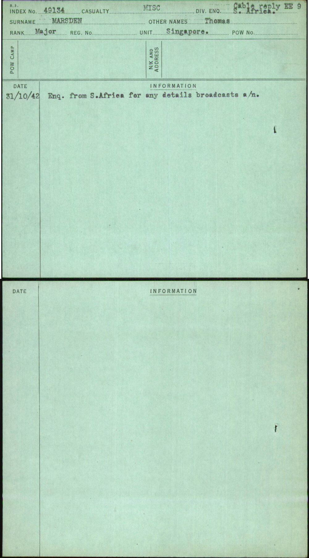 Marsden, Thomas, [No Service Number]