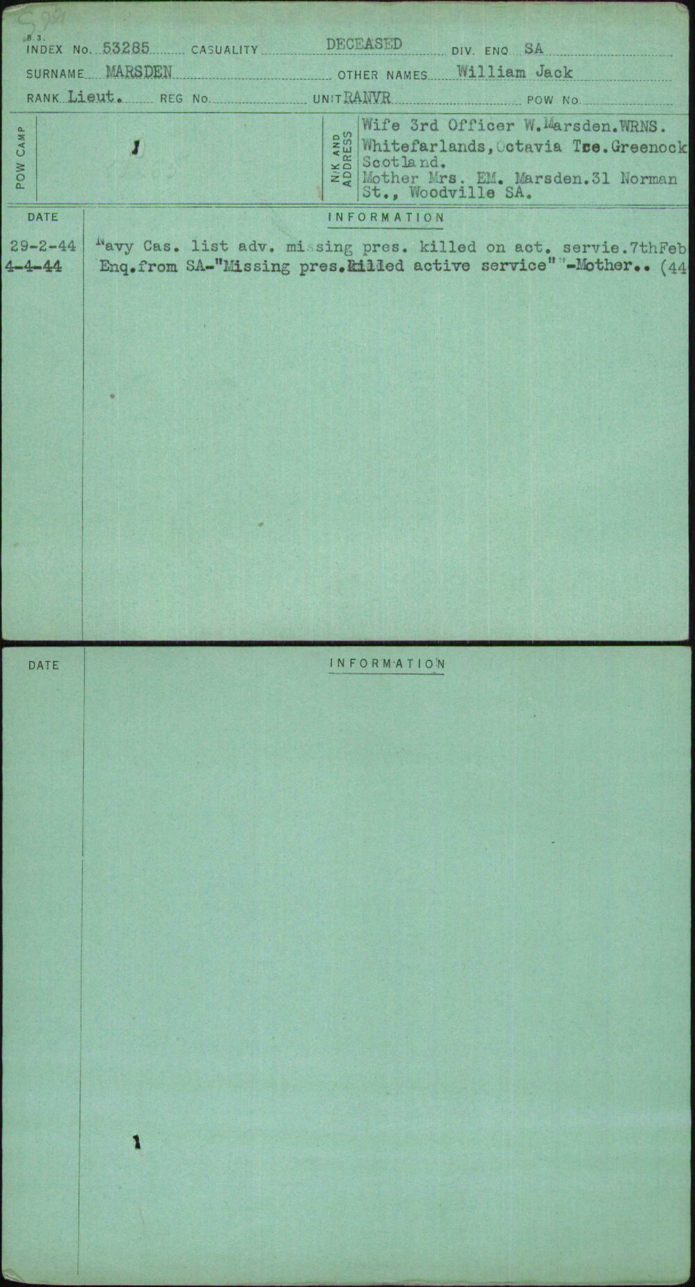 Marsden, William Jack, [No Service Number]