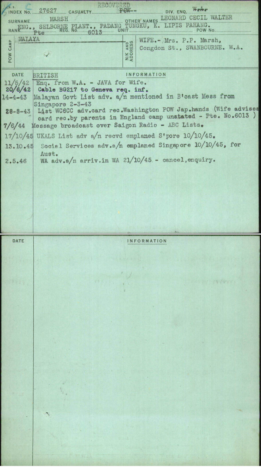 Marsh, Leonard Cecil Walter, 6013