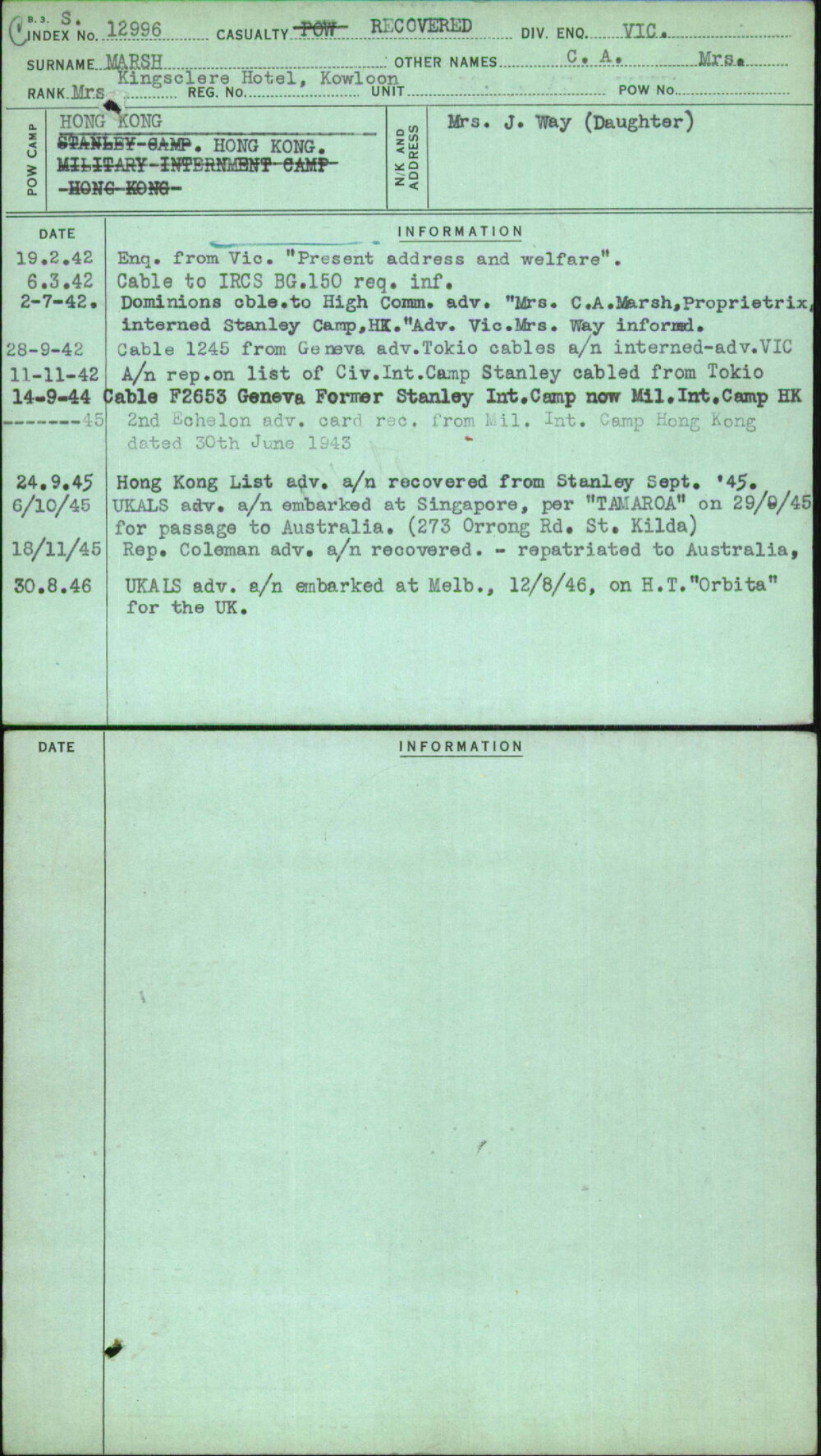 Marsh, C A Mrs, [No Service Number]