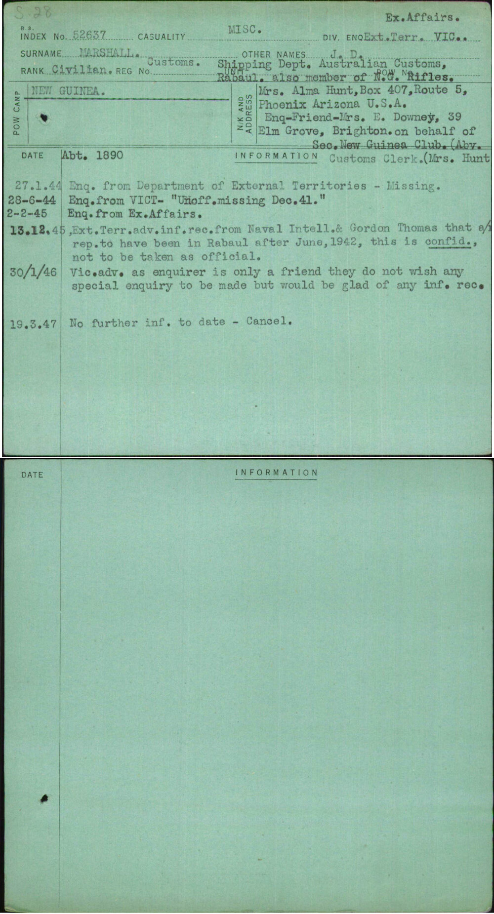 Marshall, J D, Customs