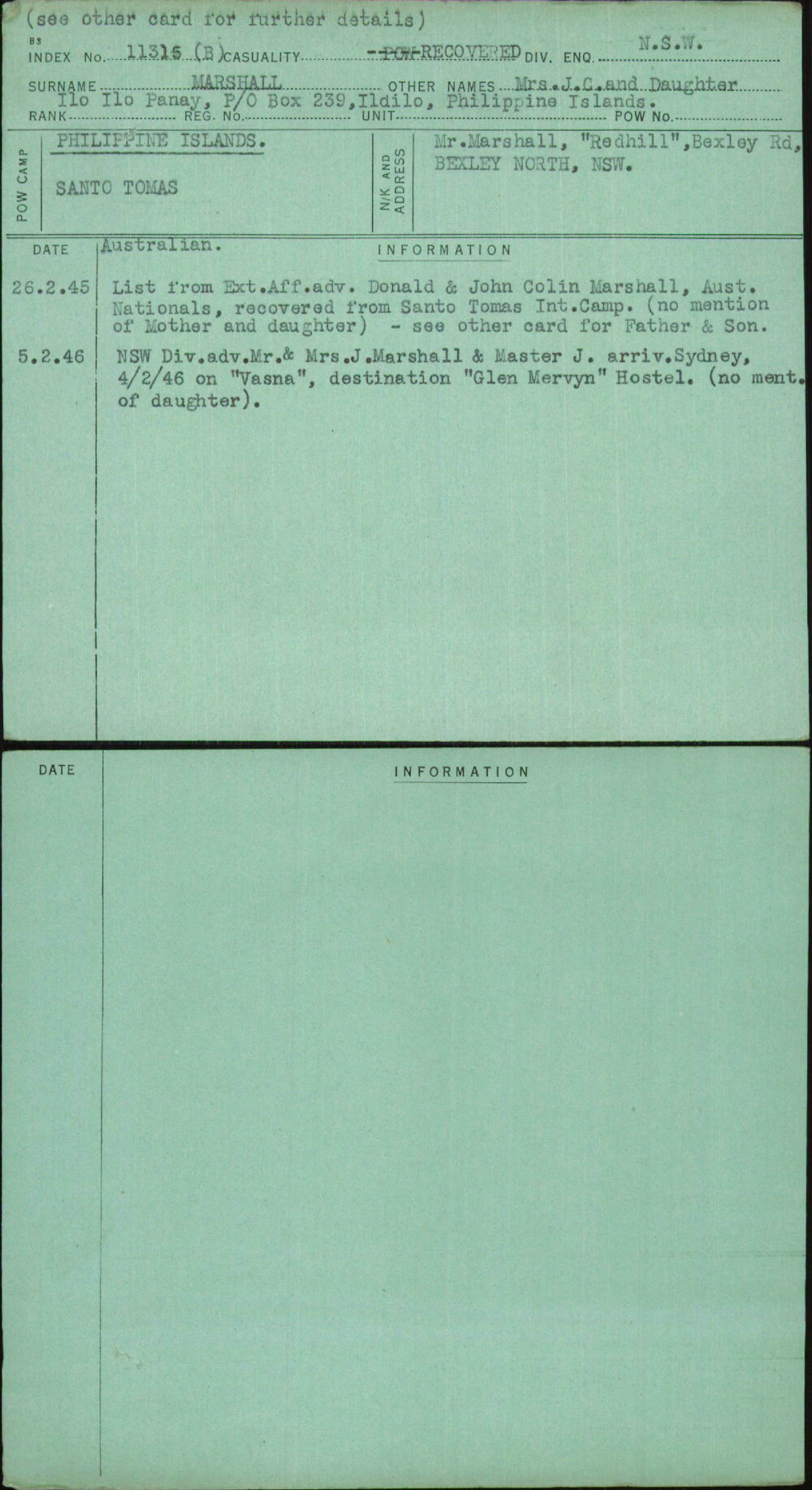 Marshall, Mrs J C And Daughter, [No Service Number]