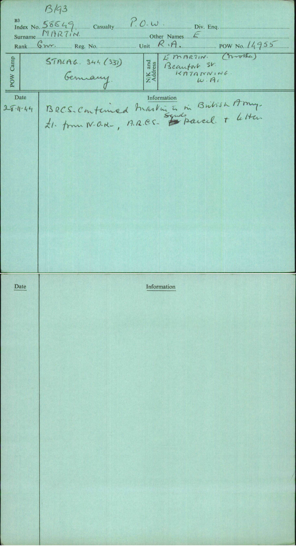 Martin, E, [No Service Number]