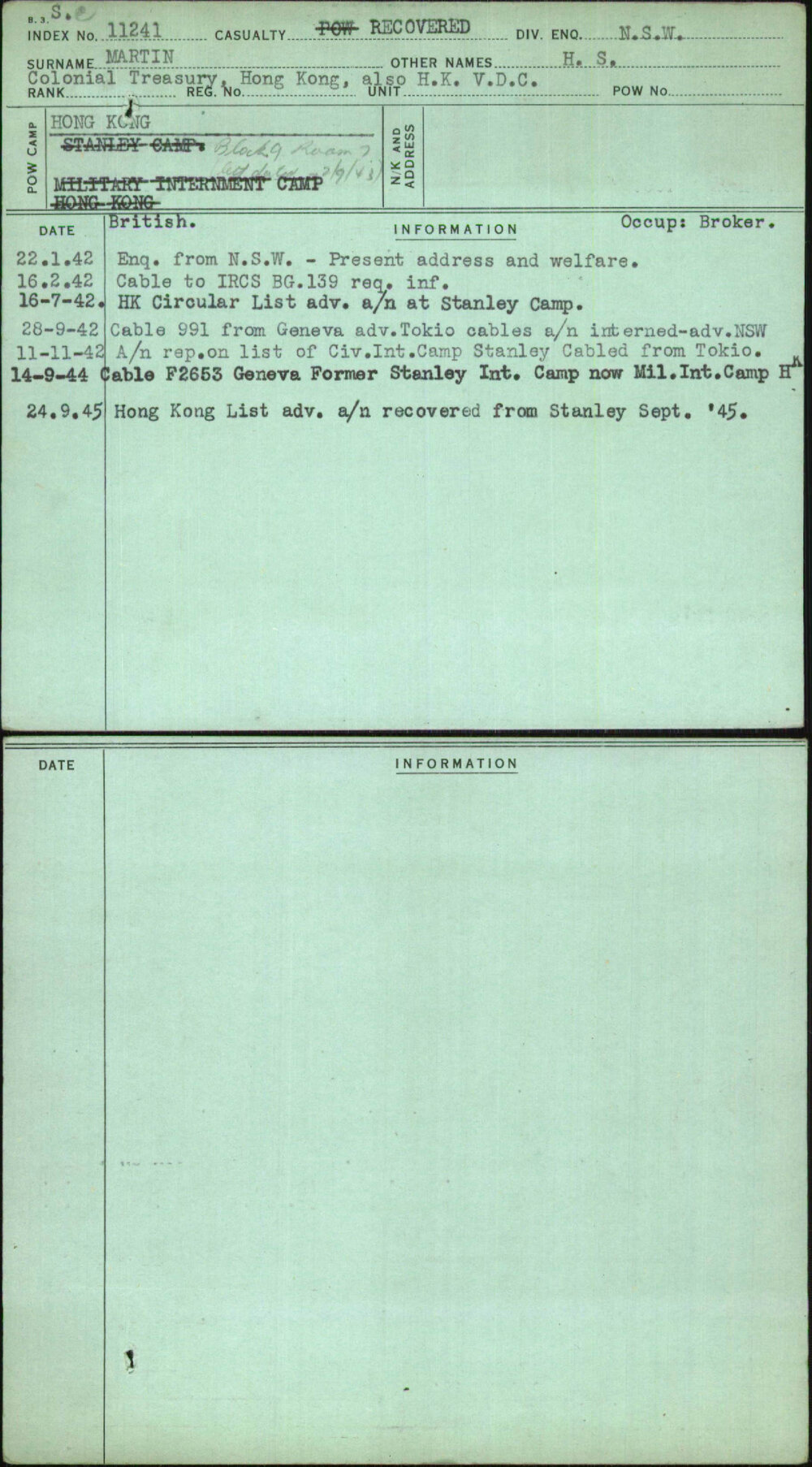 Martin, H S, [No Service Number]