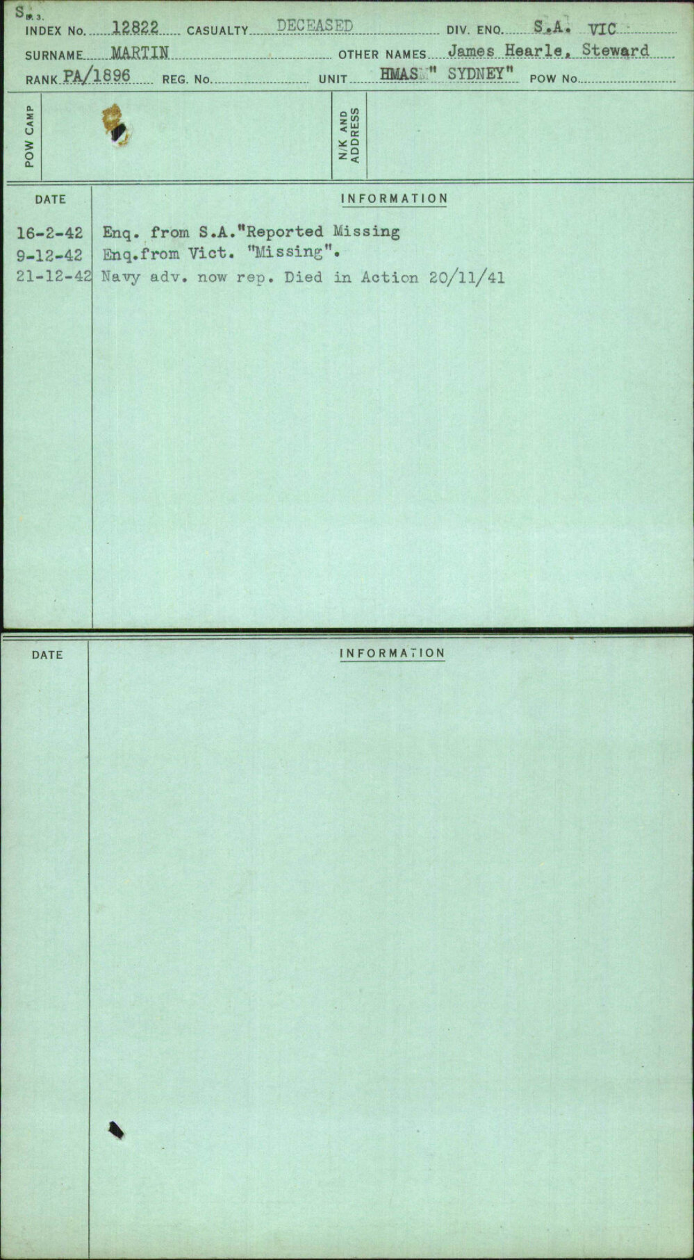 Martin, James Hearle Steward, [No Service Number]