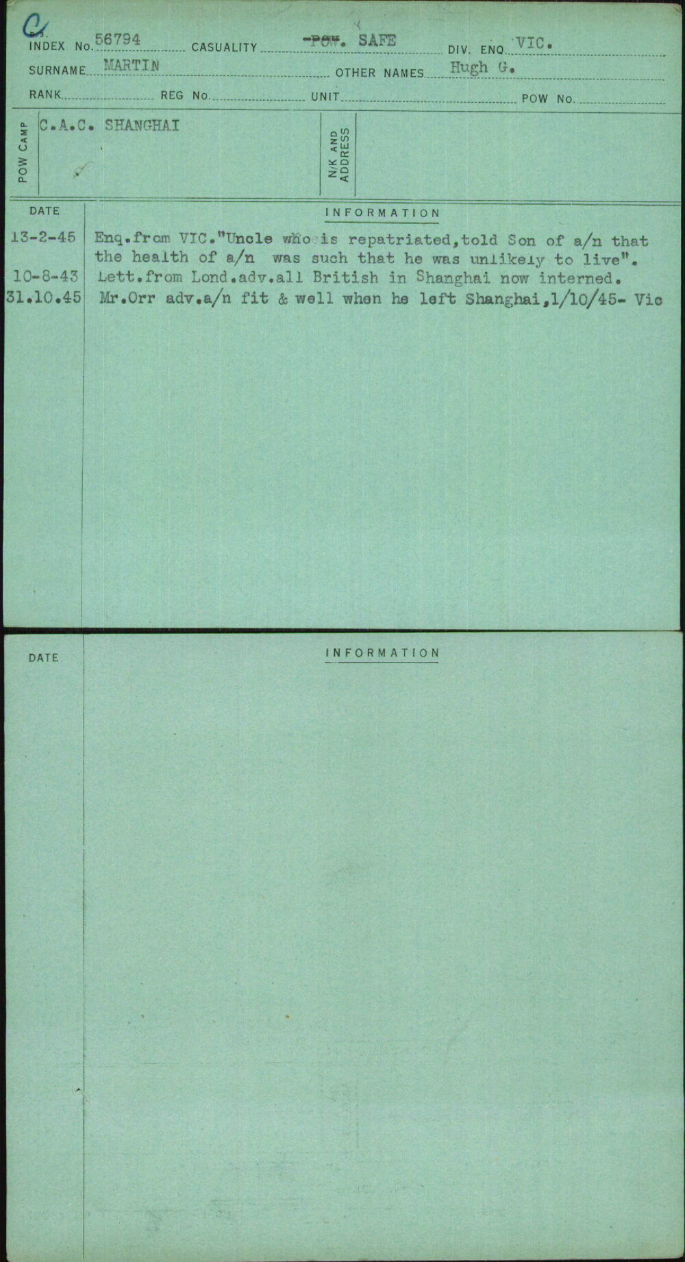 Martin, Hugh G, [No Service Number]