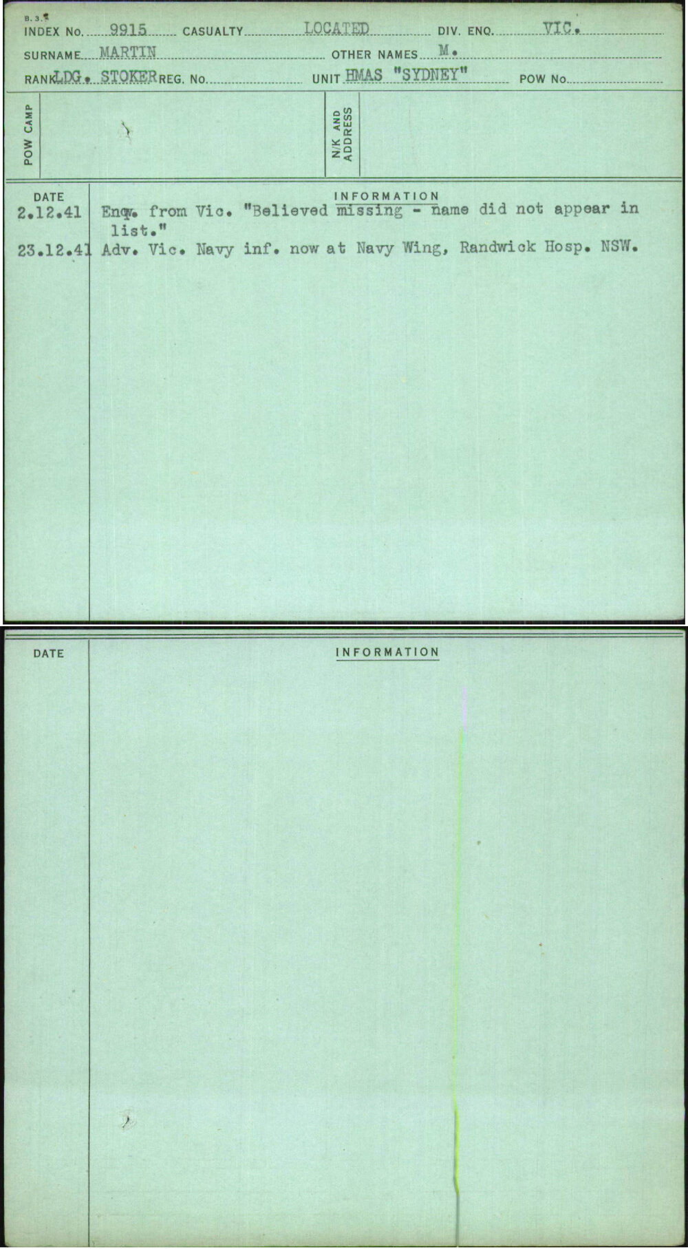 Martin, M, [No Service Number]