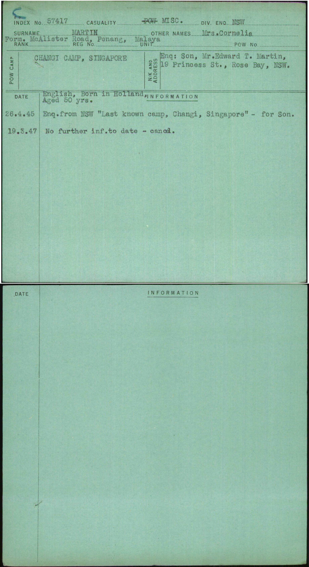 Martin, Mrs Cornelia, [No Service Number]