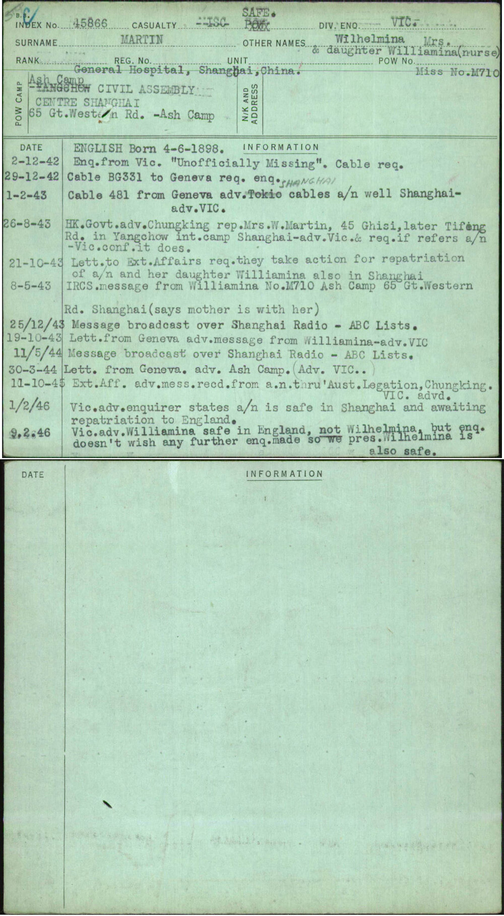 Martin, Wilhelmina Mrs &amp;Daughter Williamina (Nurse), [No Service Number]