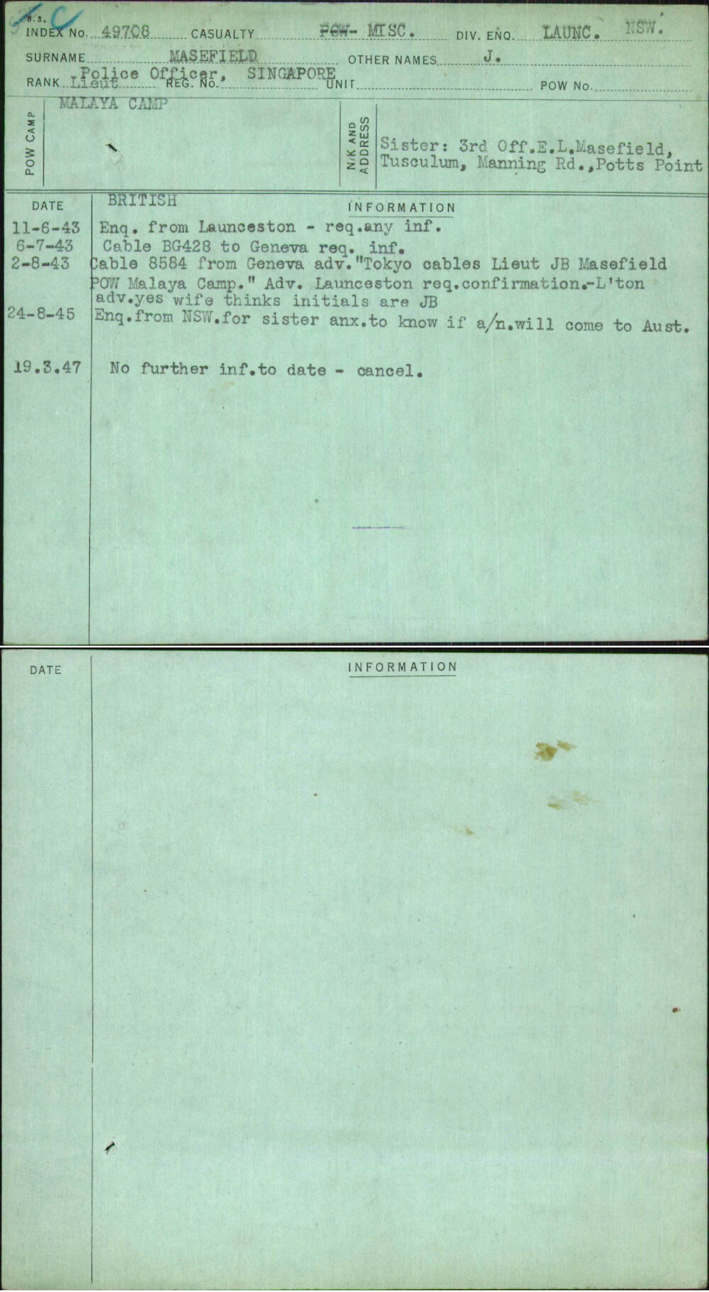 Masefield, J, [No Service Number]