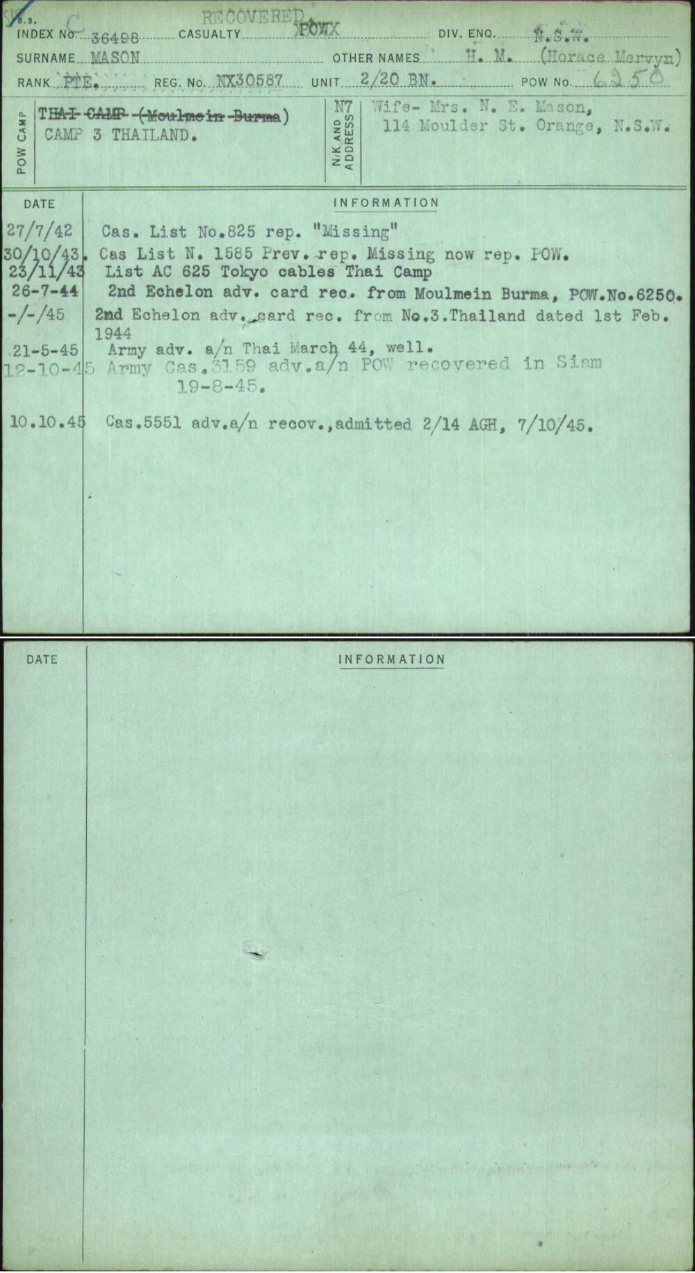 Mason, H M (Horace Mervyn), NX30587