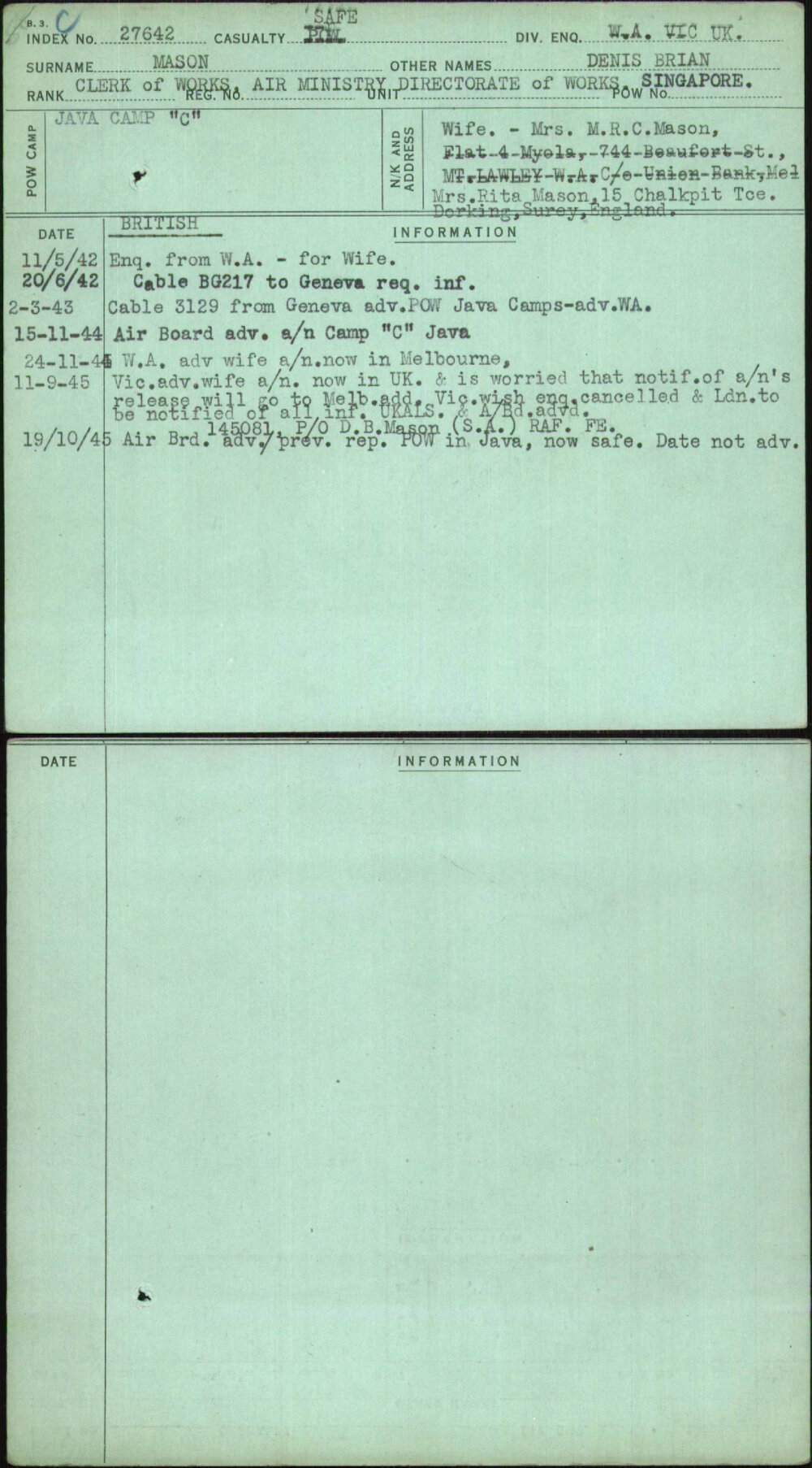 Mason, Denis Brian, [No Service Number]