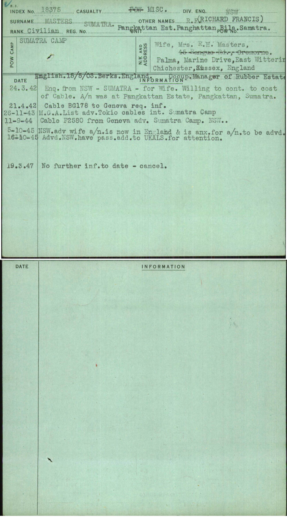 Masters, R F (Richard Francis), Sumatra