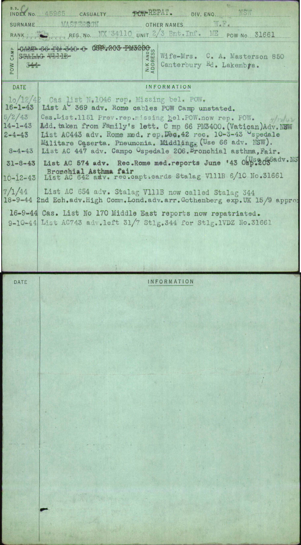 Masterson, W F, NX34110